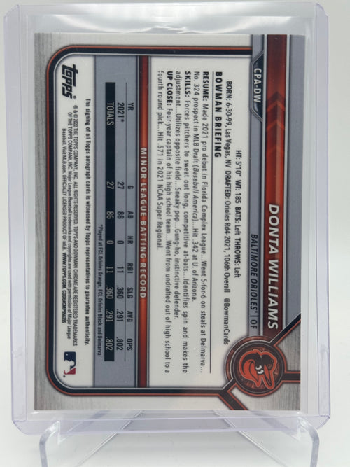 2022 BOWMAN CHROME DONTA WILLIAMS CHROME PROSPECT AUTO ORANGE SHIMMER /25 RC