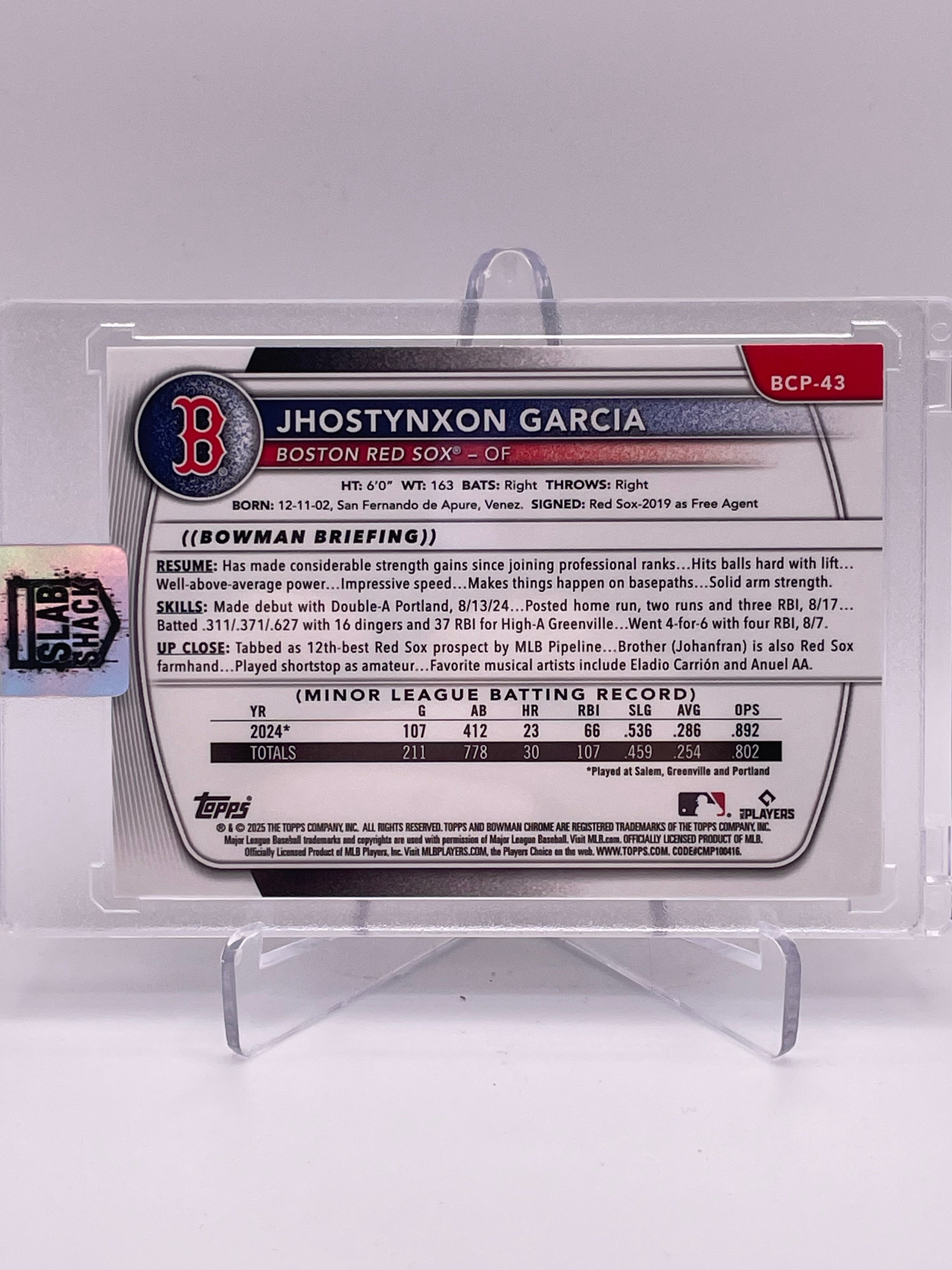 2025 BOWMAN JHOSTYNXON GARCIA 1ST CHROME PROSPECT GREEN REPTILIAN REF. /99 RC