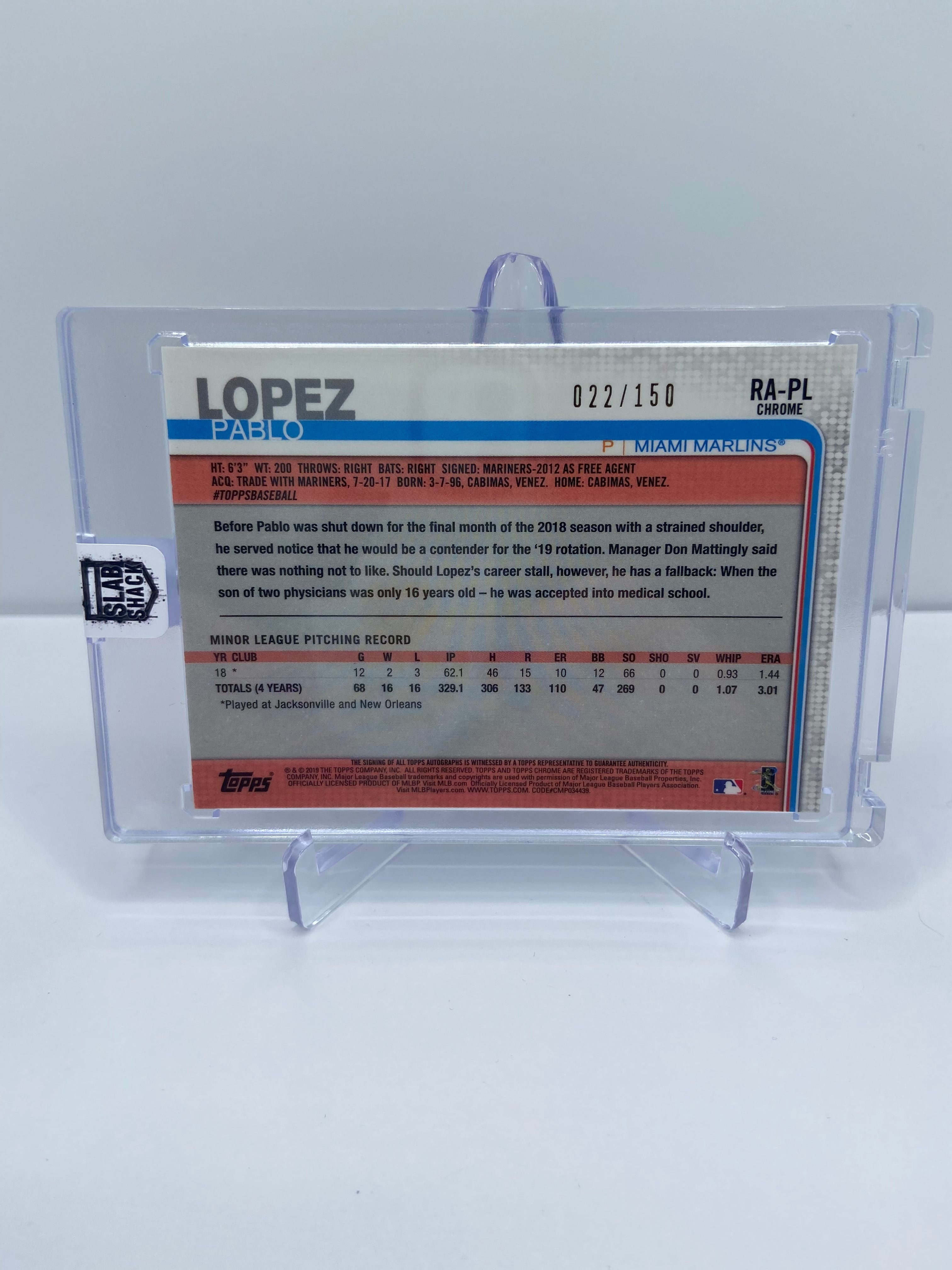 2019 TOPPS CHROME PABLO LOPEZ BLUE WAVE REFRACTOR AUTO /150 RC MARLINS