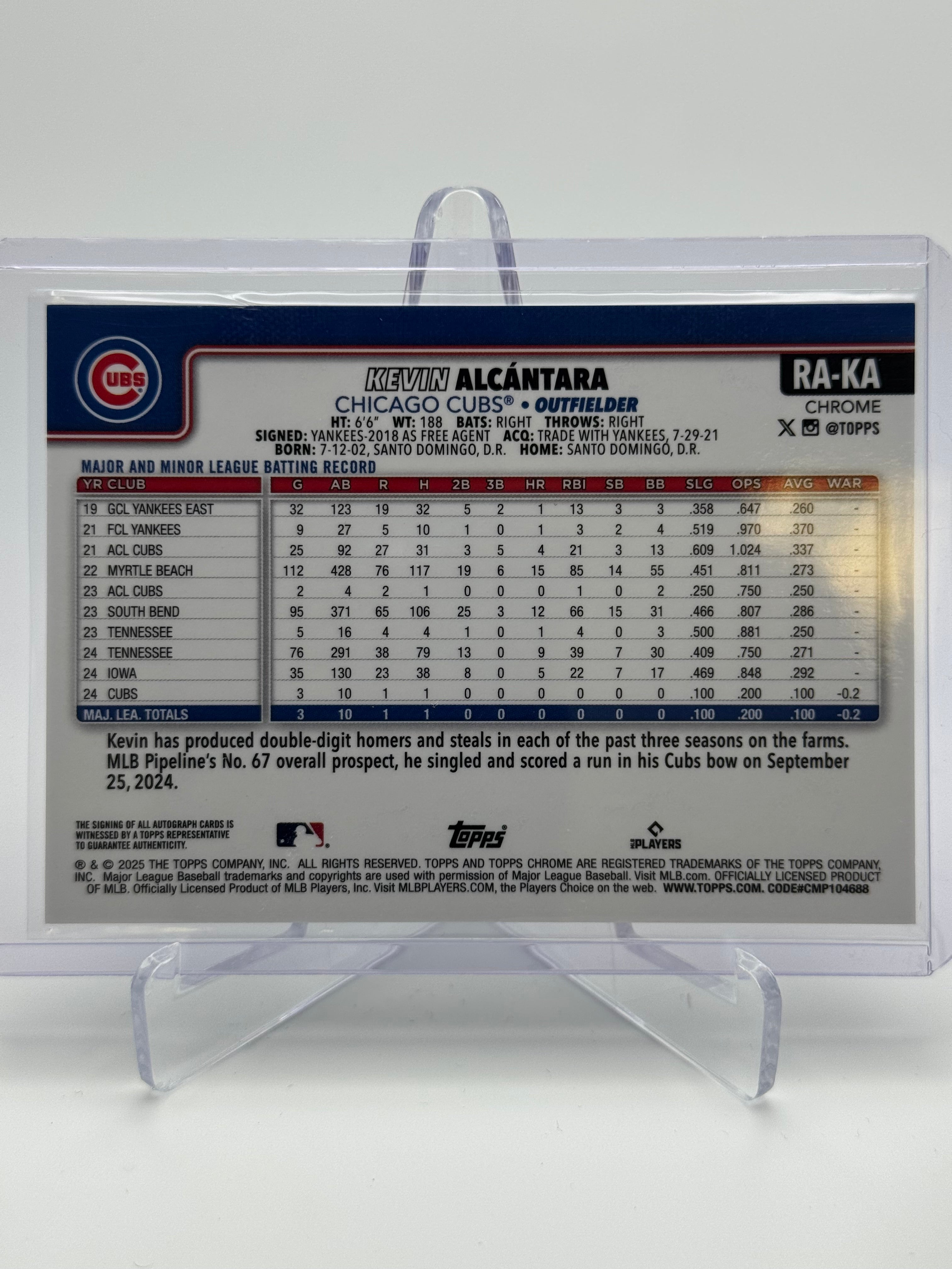 2025 TOPPS CHROME KEVIN ALCANTARA RC AUTO PURPLE REFRACTOR /250