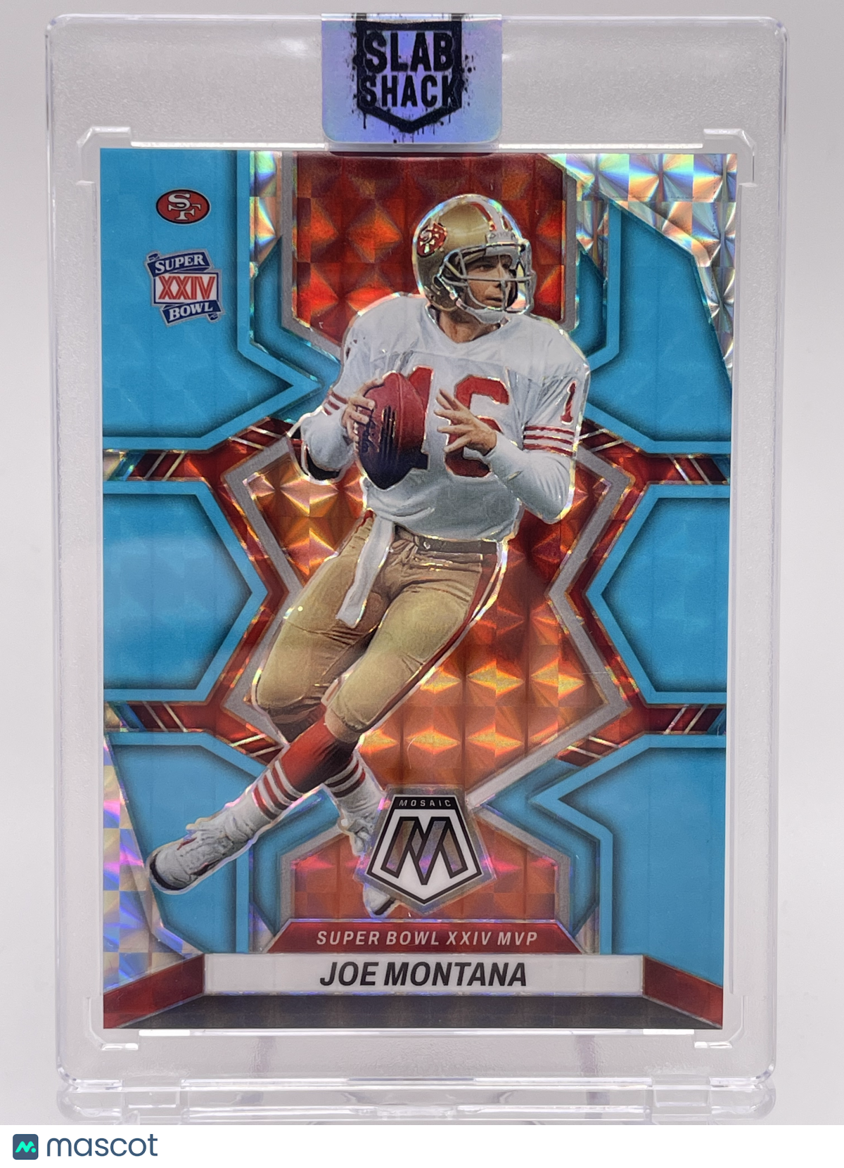 2022 PANINI MOSAIC JOE MONTANA BLUE FLOURESCENT PRIZM /15 SUPER BOWL XXIV