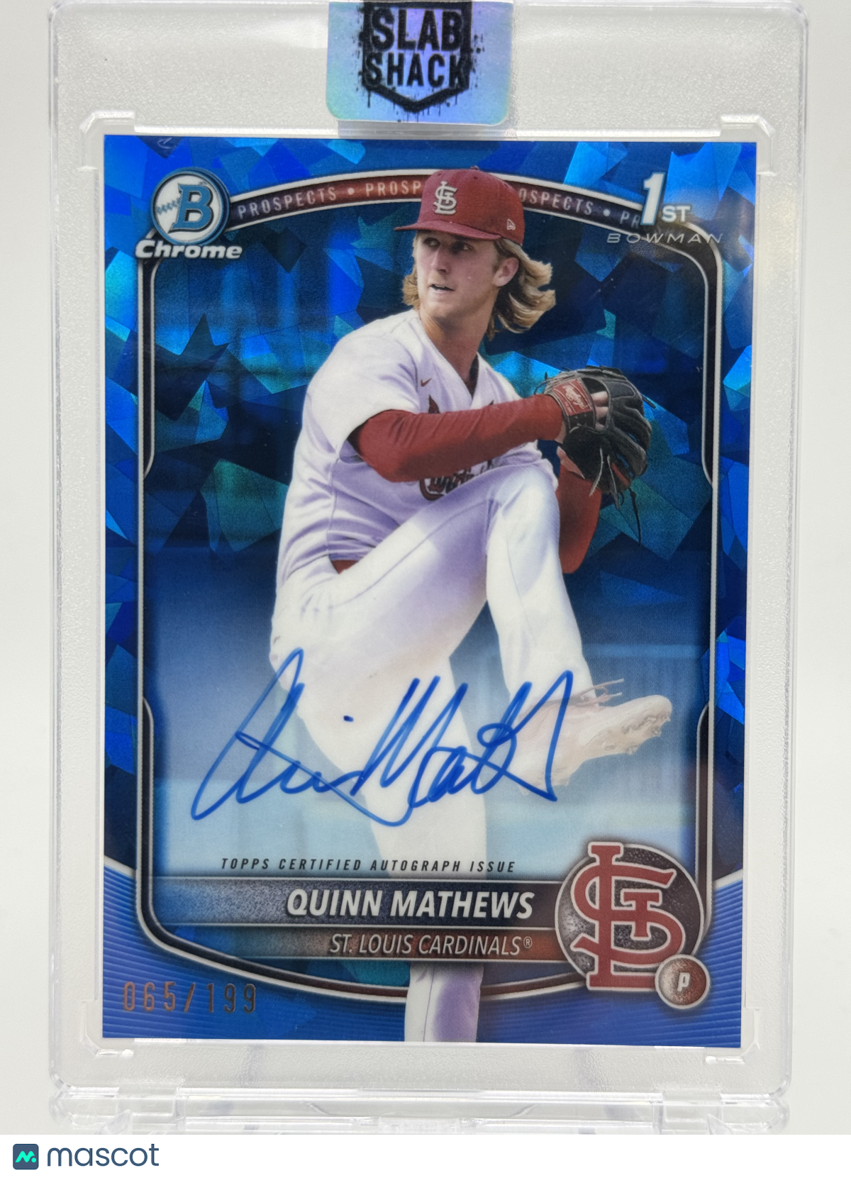 2025 BOWMAN QUINN MATHEWS 1ST CHROME PROSPECT AUTO SAPPHIRE REFRACTOR /199 RC