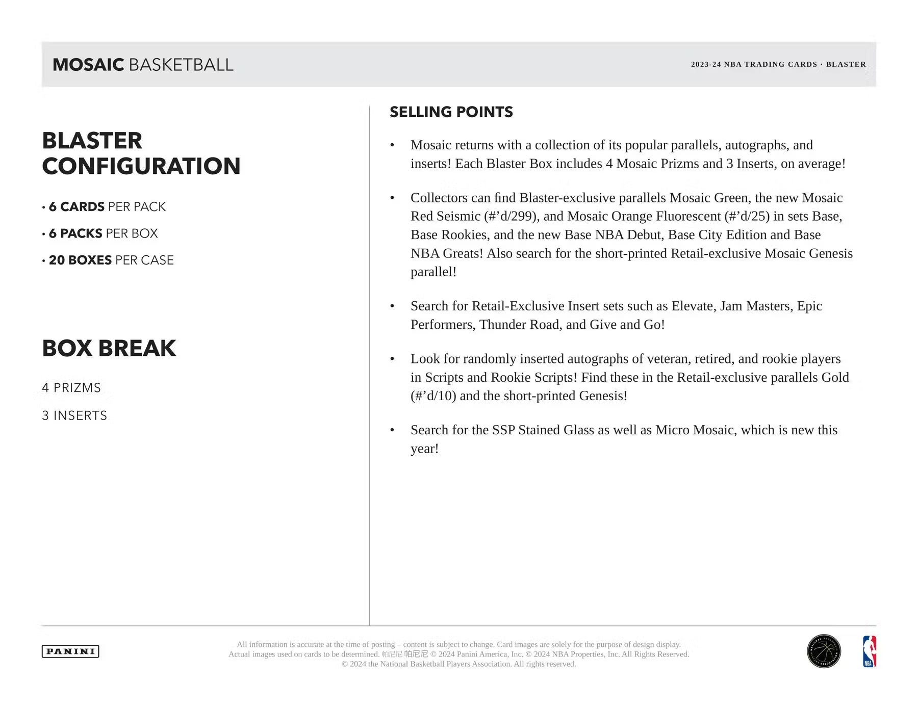 2023-24 Panini Mosaic Basketball-6-Pack Blaster Box