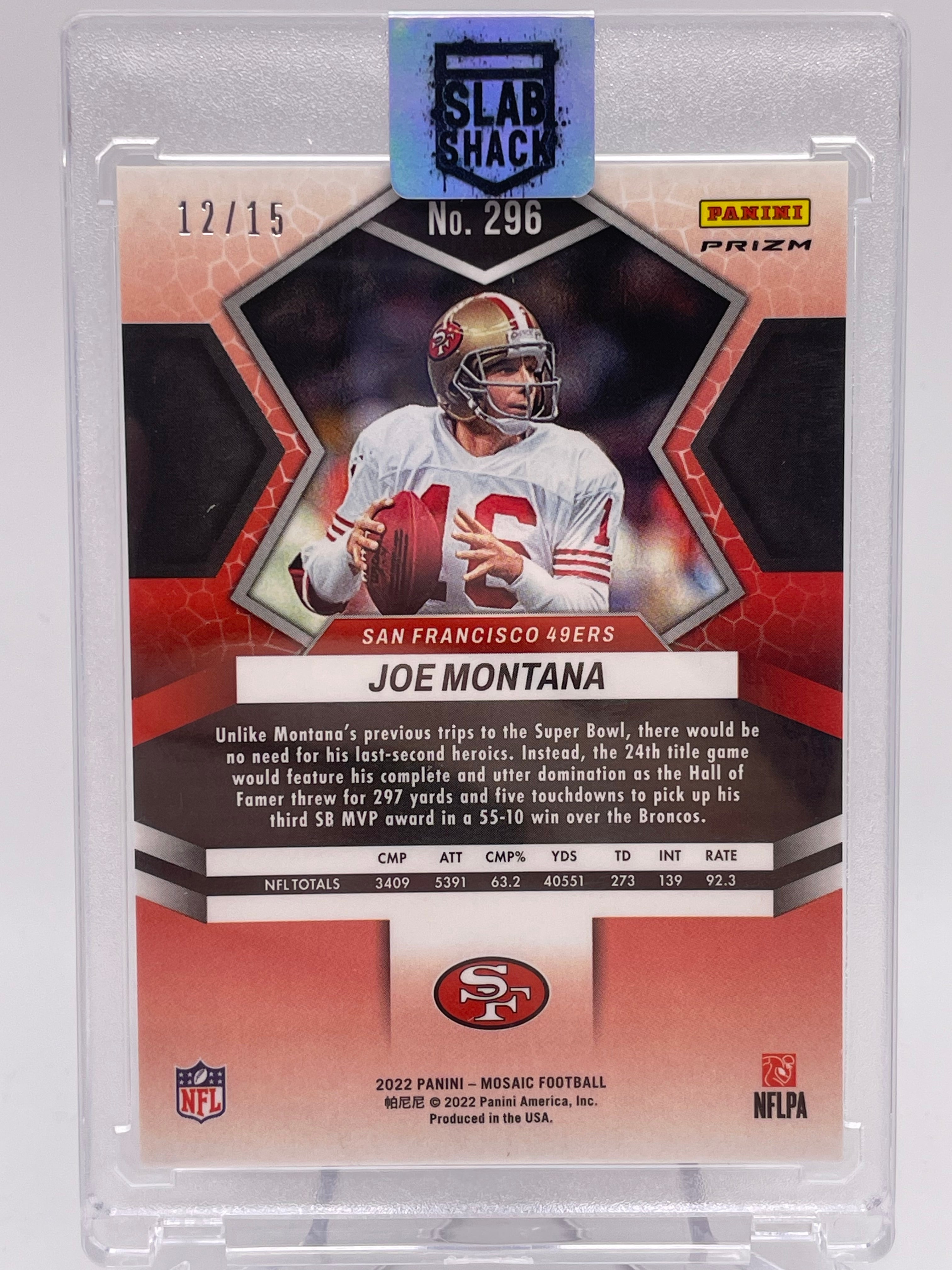 2022 PANINI MOSAIC JOE MONTANA BLUE FLOURESCENT PRIZM /15 SUPER BOWL XXIV