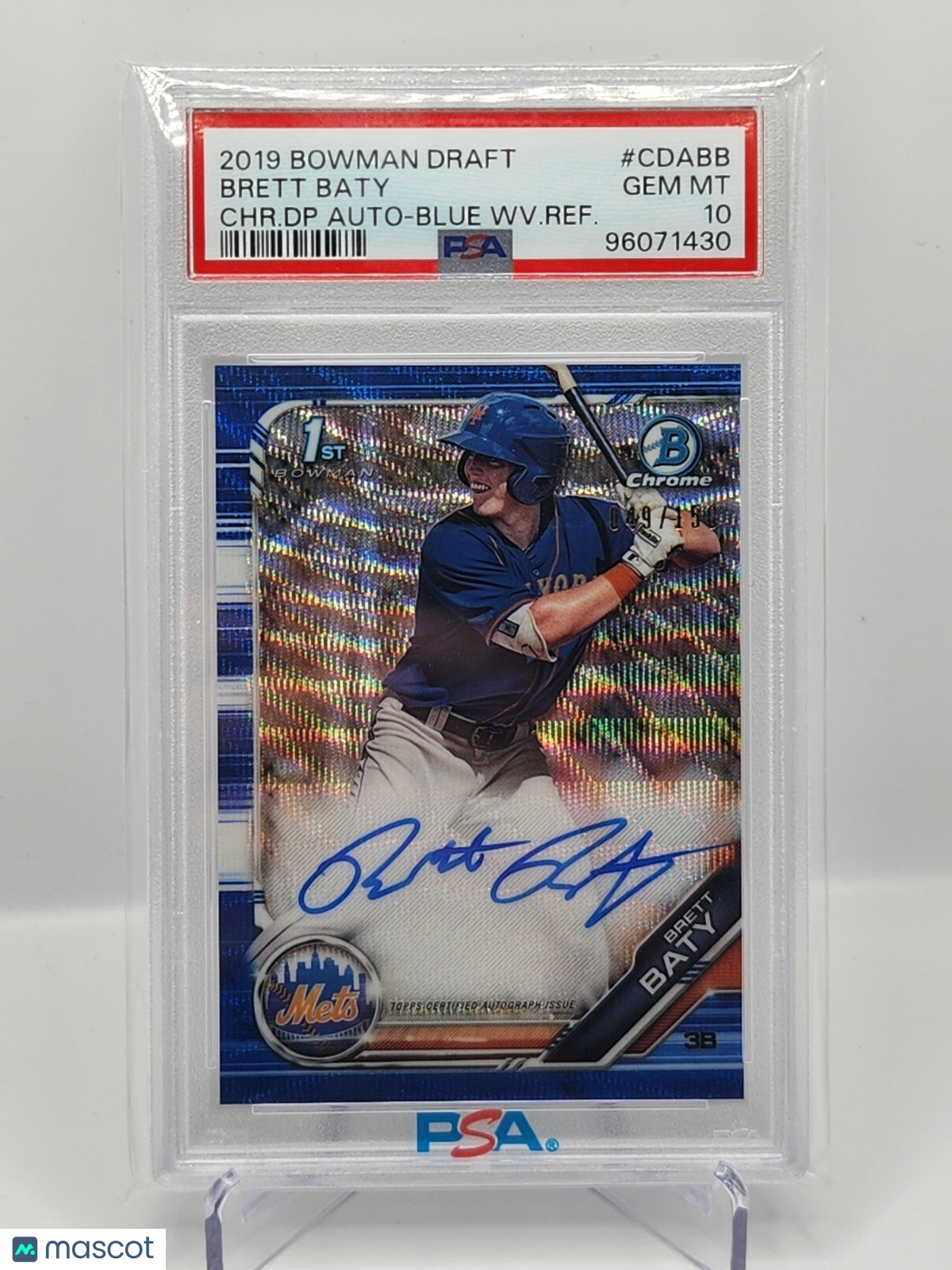 2019 1st Bowman Chrome Draft Brett Baty Blue Wave Auto /150 RC SP PSA 10 Pop 20