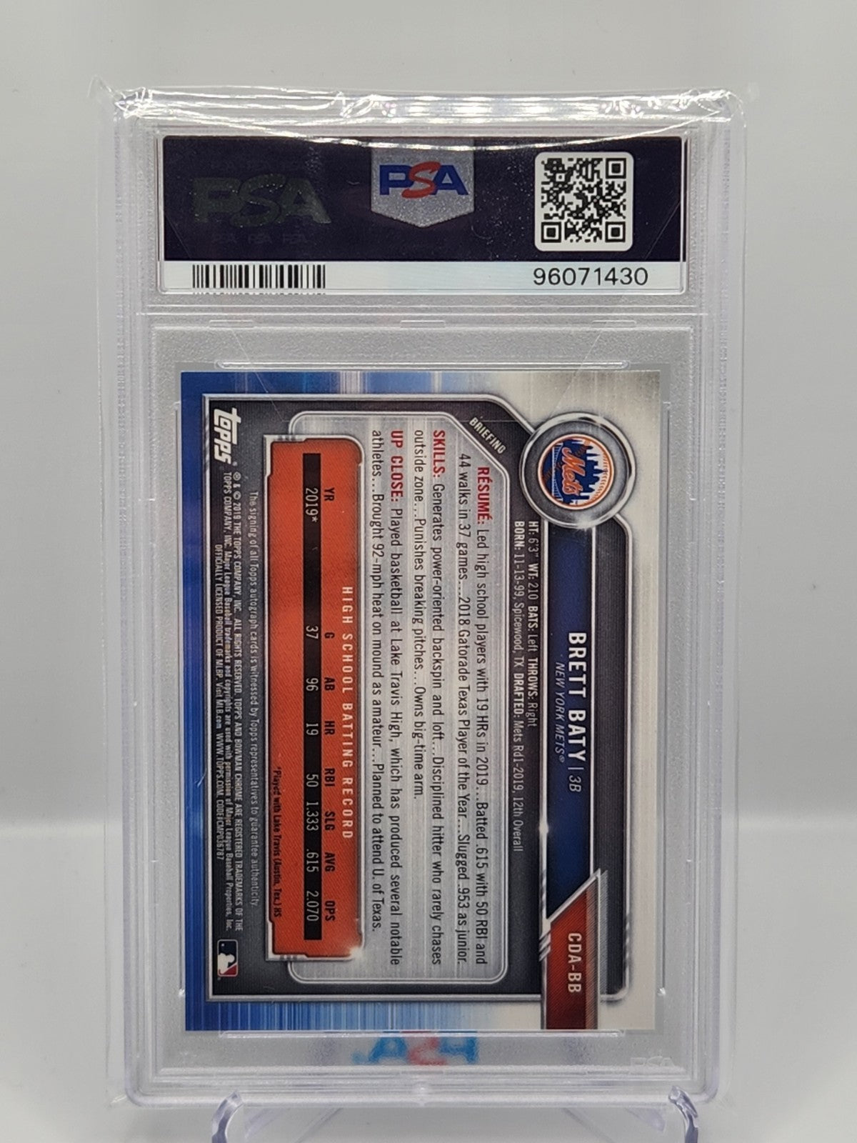 2019 1st Bowman Chrome Draft Brett Baty Blue Wave Auto /150 RC SP PSA 10 Pop 20