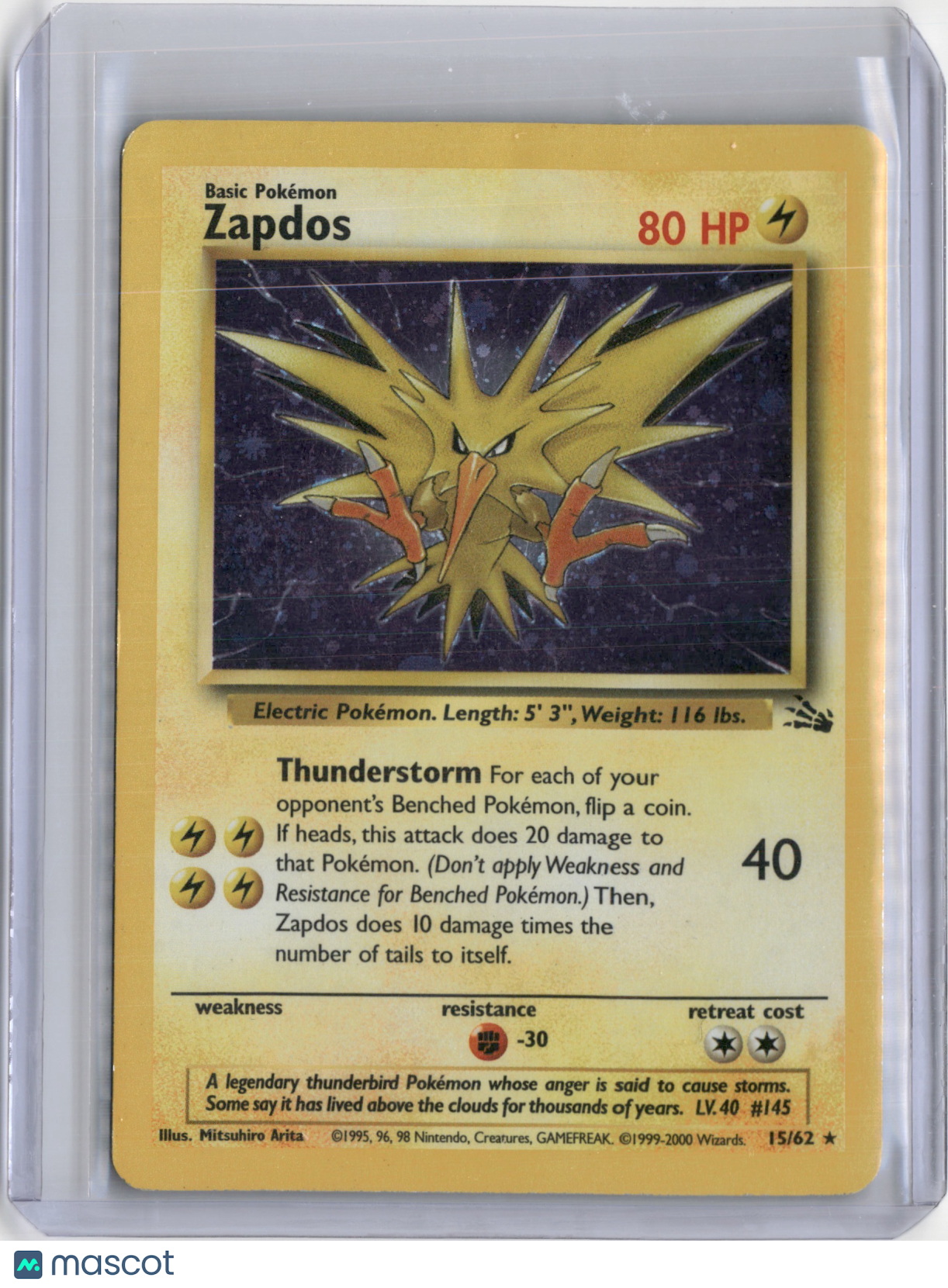 2000 FOSSIL ZAPDOS HOLO RARE #15/62