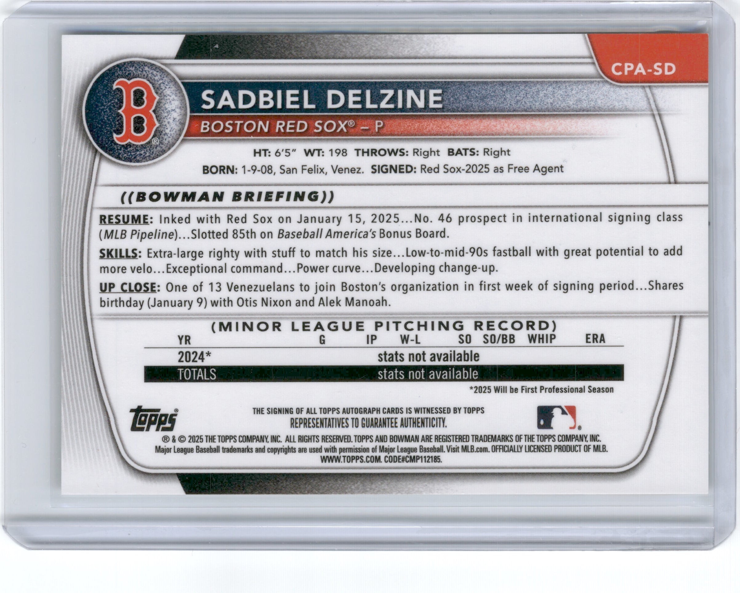 2025 BOWMAN CHROME 1ST SADBIEL DELZINE SPECKLE REFRACTOR AUTO /299