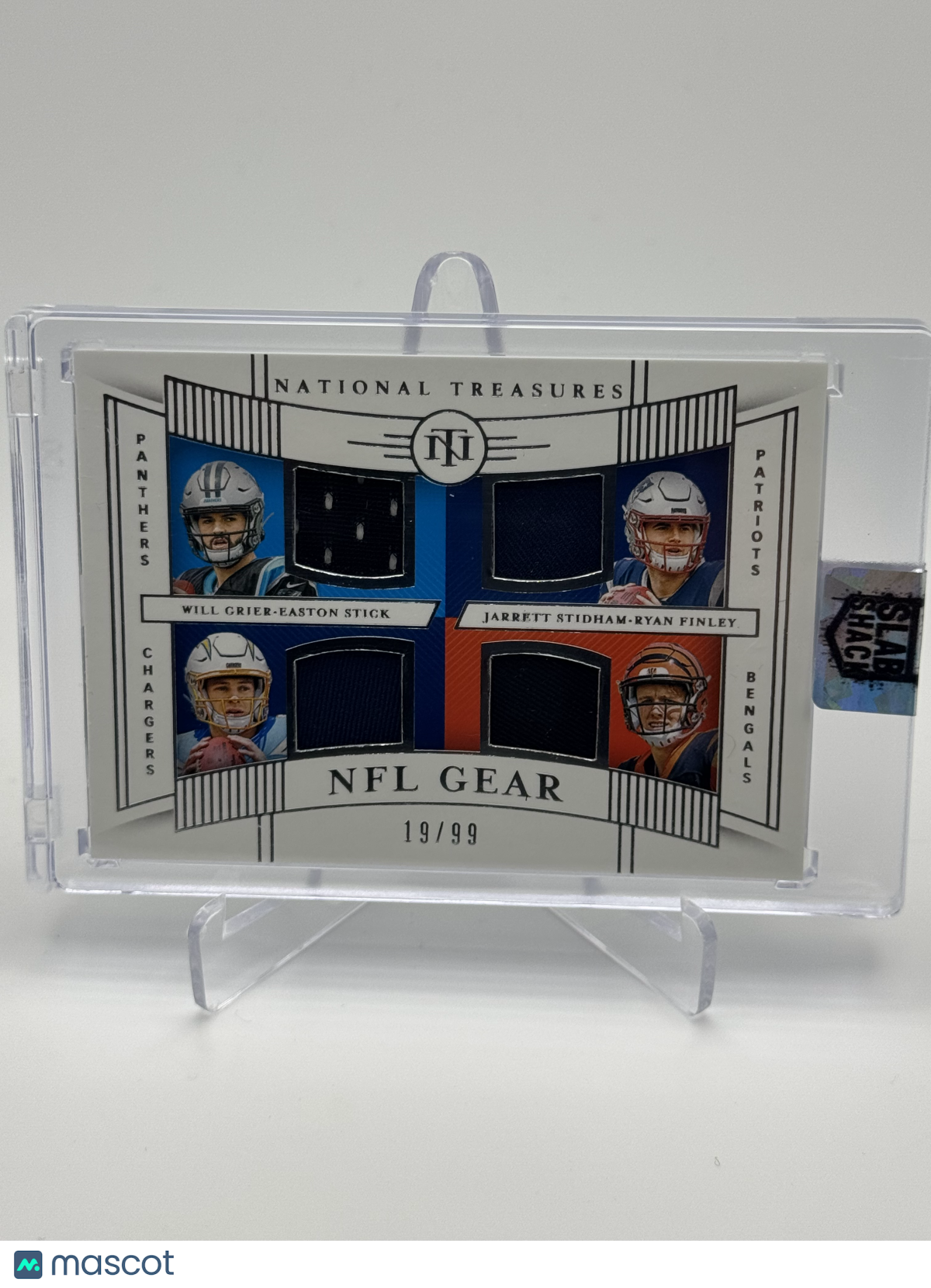 2019 NATIONAL TREASURES GRIER/STIDHAM/STICK/FINLEY NFL GEAR QUAD /99