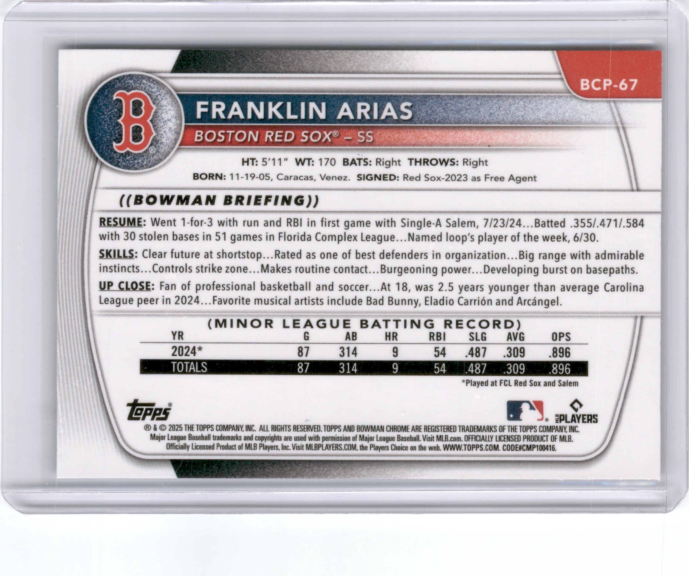 2025 BOWMAN CHROME FRANKLIN ARIAS 1ST BOWMAN BLUE SAPPHIRE ICE