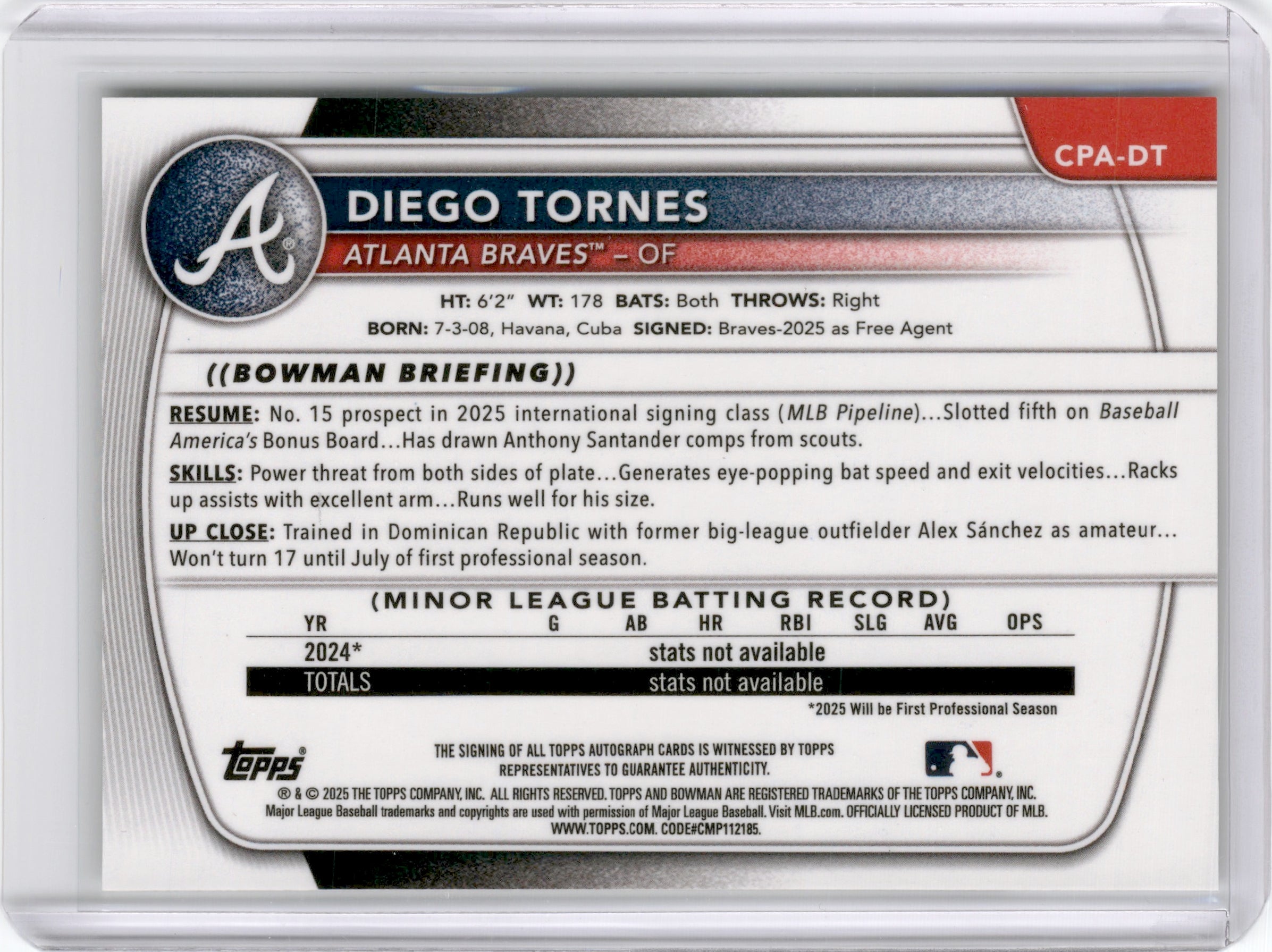 2025 BOWMAN CHROME  DIEGO TORNES  1ST BOWMAN AUTOGRAPH