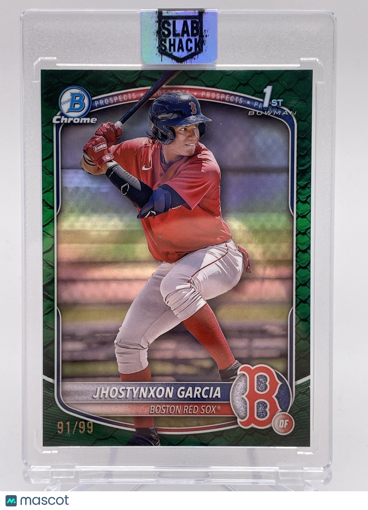 2025 BOWMAN JHOSTYNXON GARCIA 1ST CHROME PROSPECT GREEN REPTILIAN REF. /99 RC
