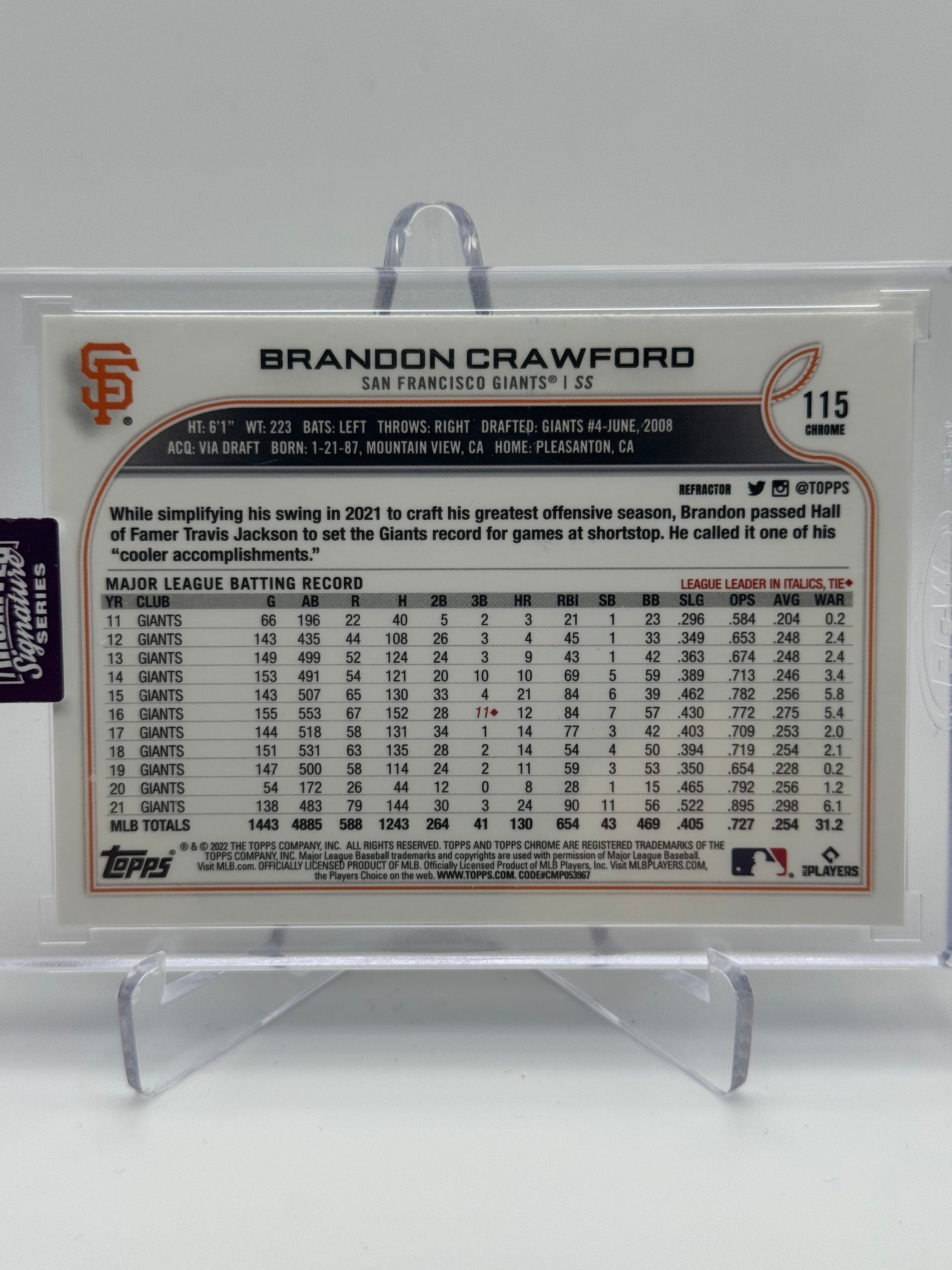 2025 TOPPS ARCHIVES SIGNATURE SERIES BRANDON CRAWFORD AUTO /30 TOPPS CHROME REFRACTOR