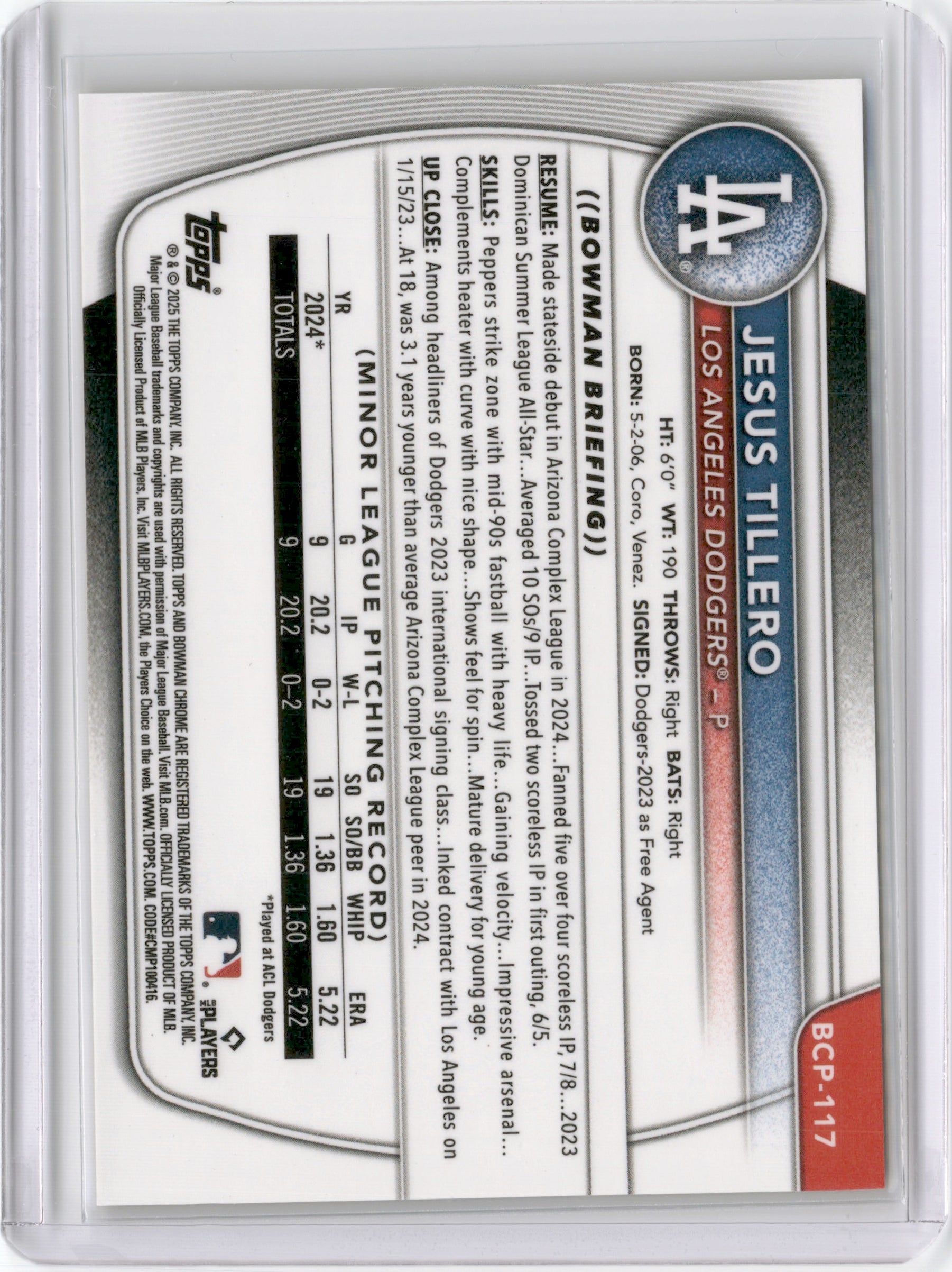 2025 BOWMAN CHROME JESUS TILLERO 1ST BOWMAN GOLD REFRACTOR /50