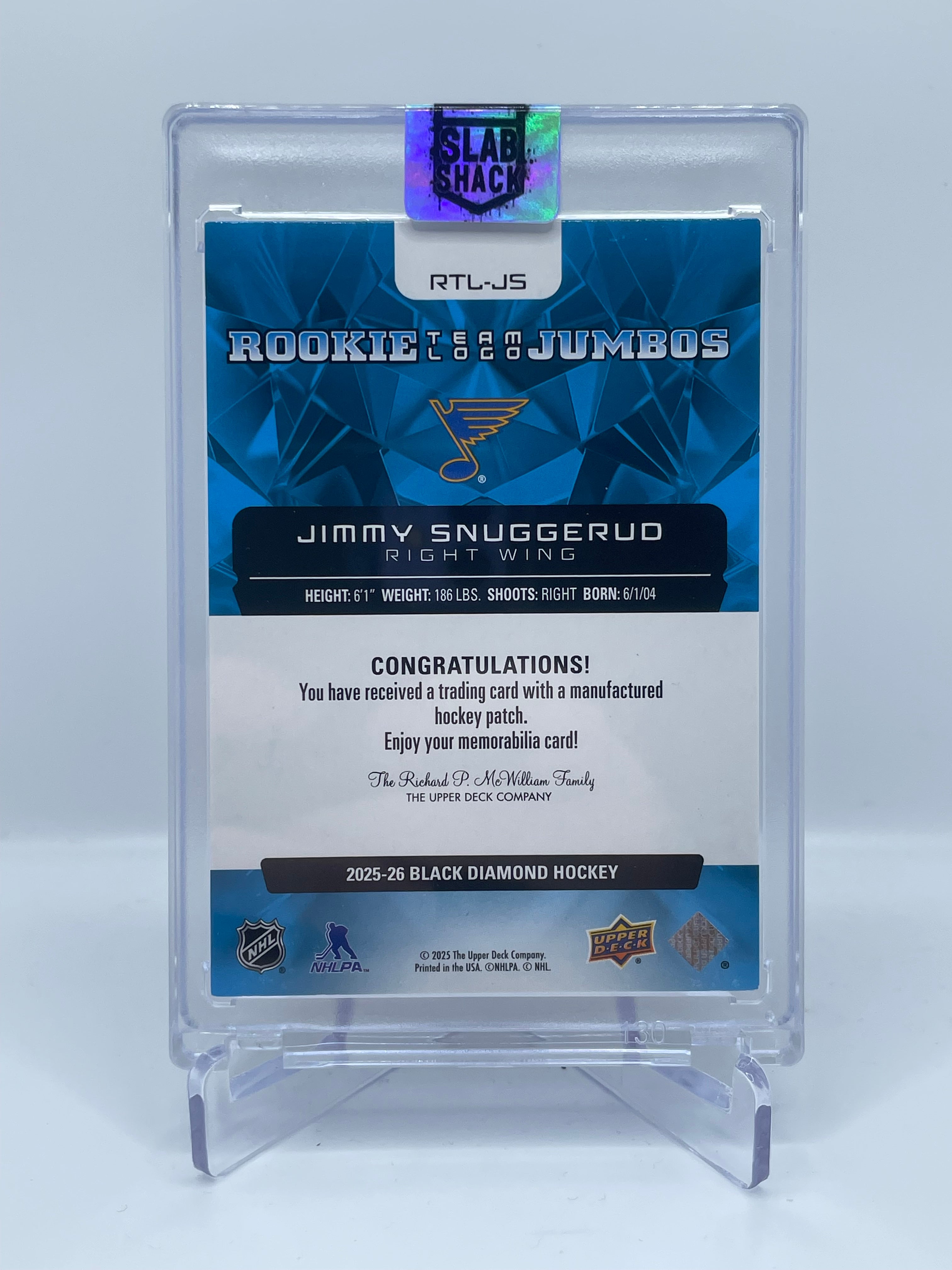 2025 UPPER DECK BLACK DIAMOND JIMMY SNUGGERUD TEAM LOGO JUMBOS PATCH ROOKIE RC