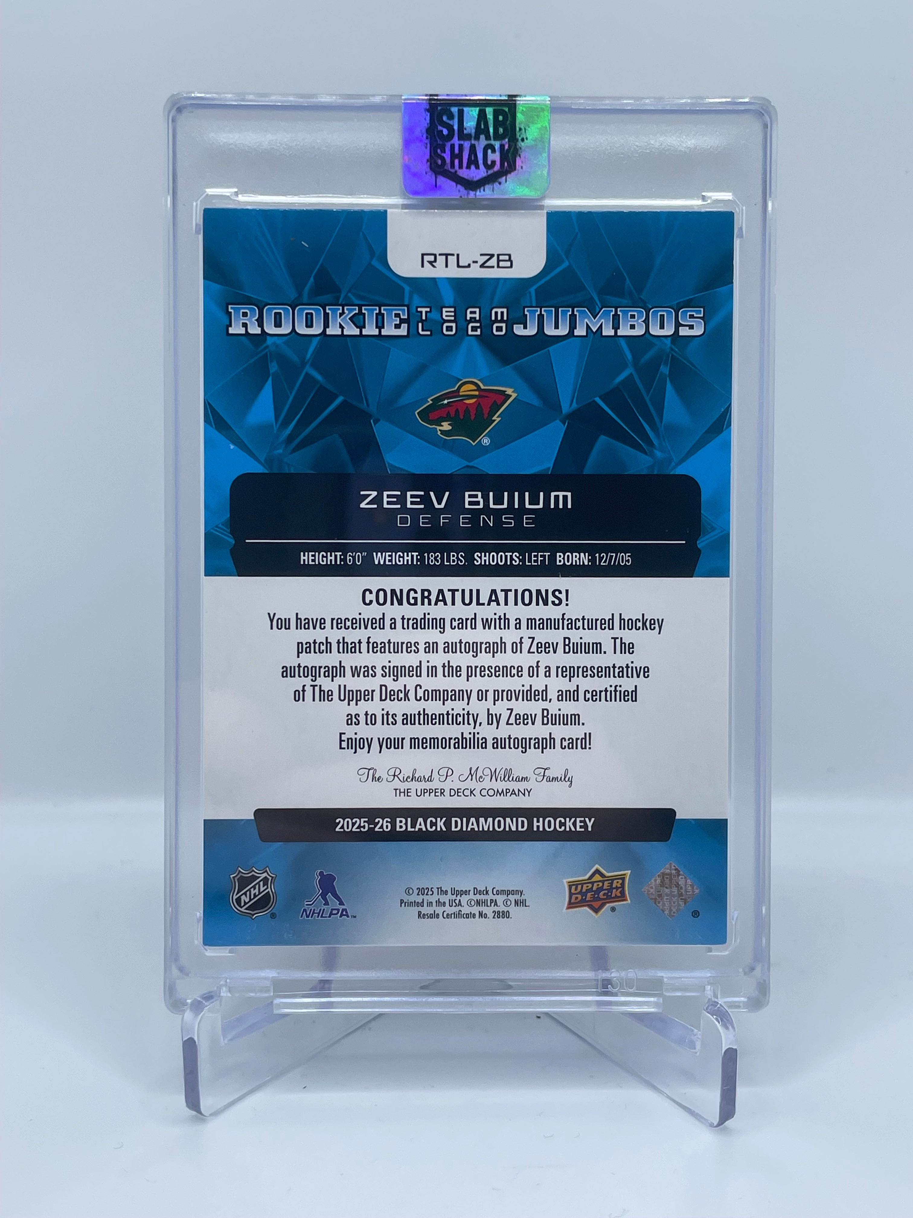 2025 UPPER DECK BLACK DIAMOND ZEEV BUIUM TEAM LOGO JUMBOS AUTO GOLD /99 RC