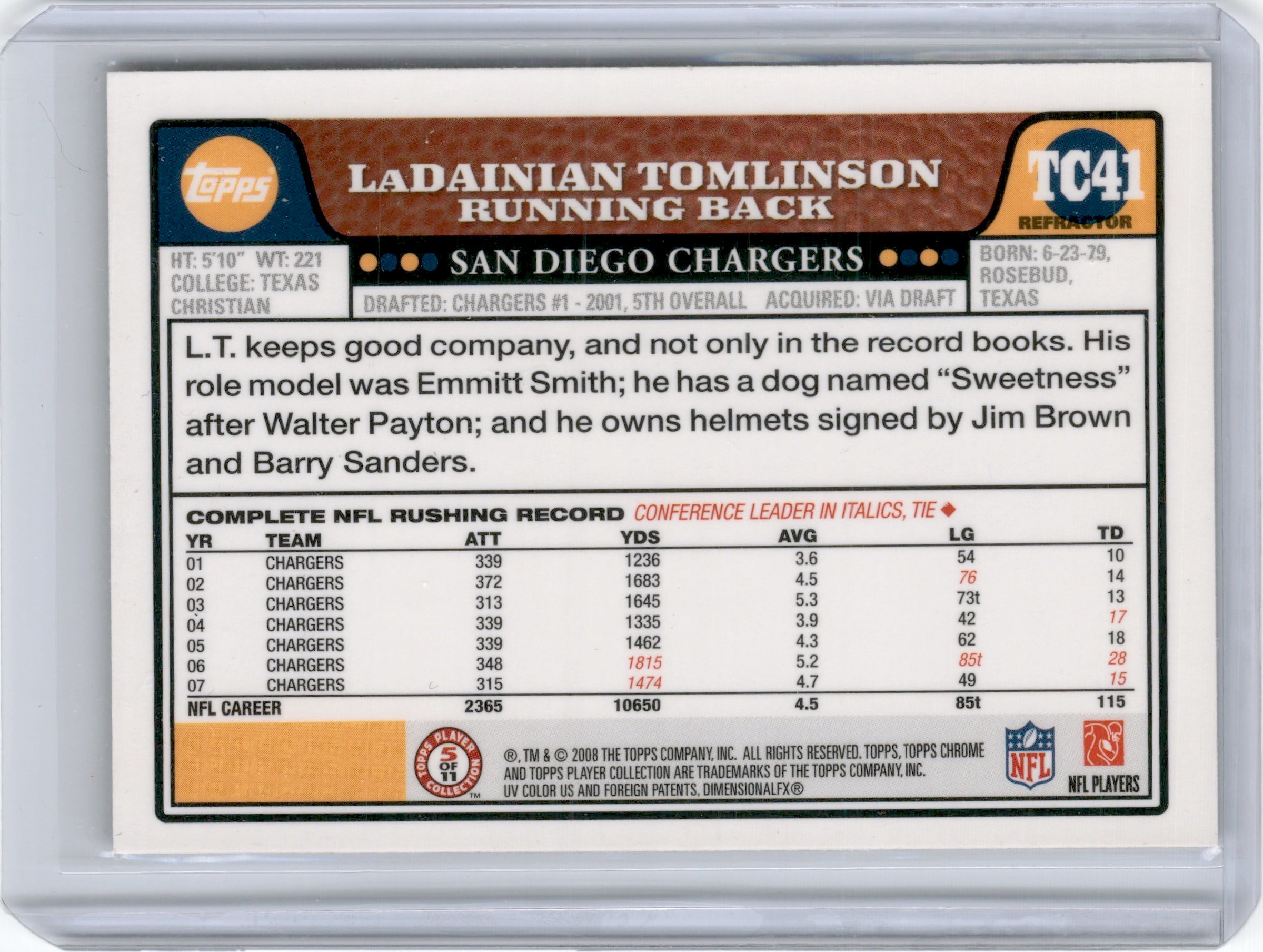2008 TOPPS CHROME LADAINIAN TOMLINSON REFRACTOR