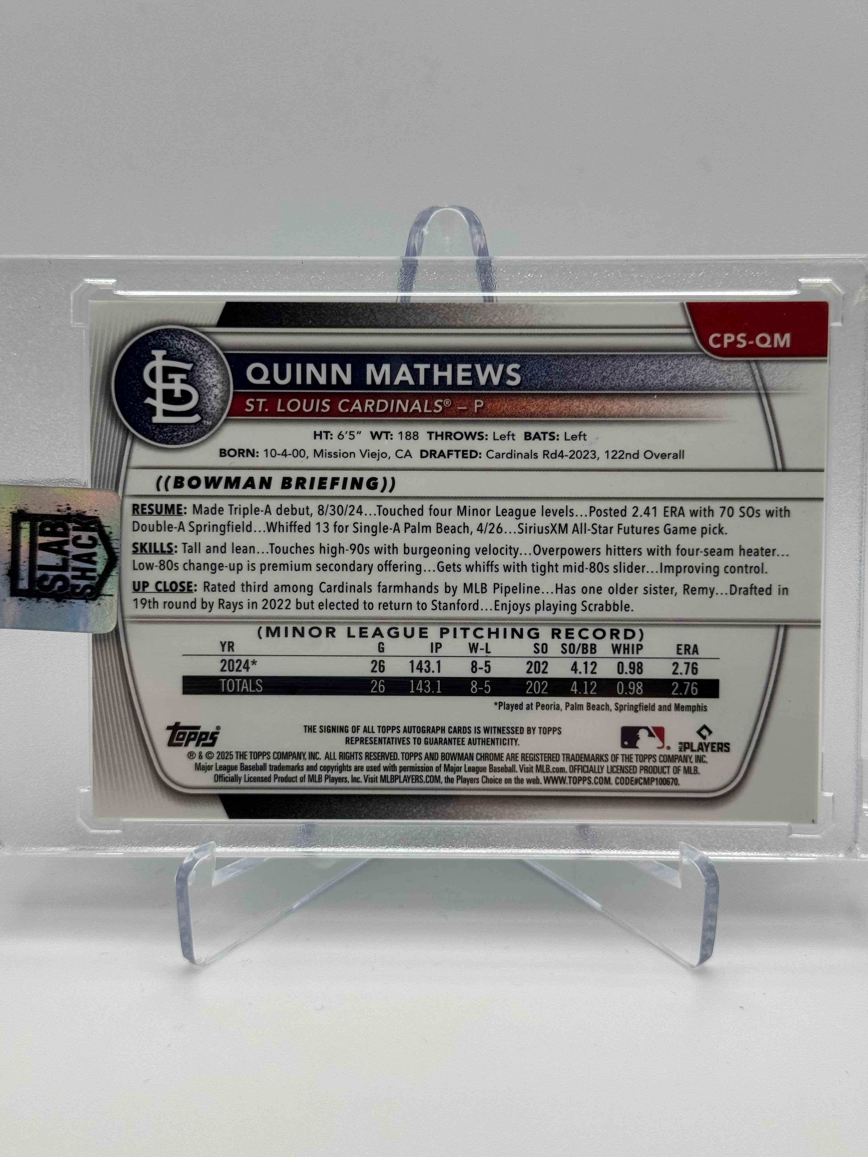 2025 BOWMAN QUINN MATHEWS 1ST CHROME PROSPECT AUTO SAPPHIRE REFRACTOR /199 RC