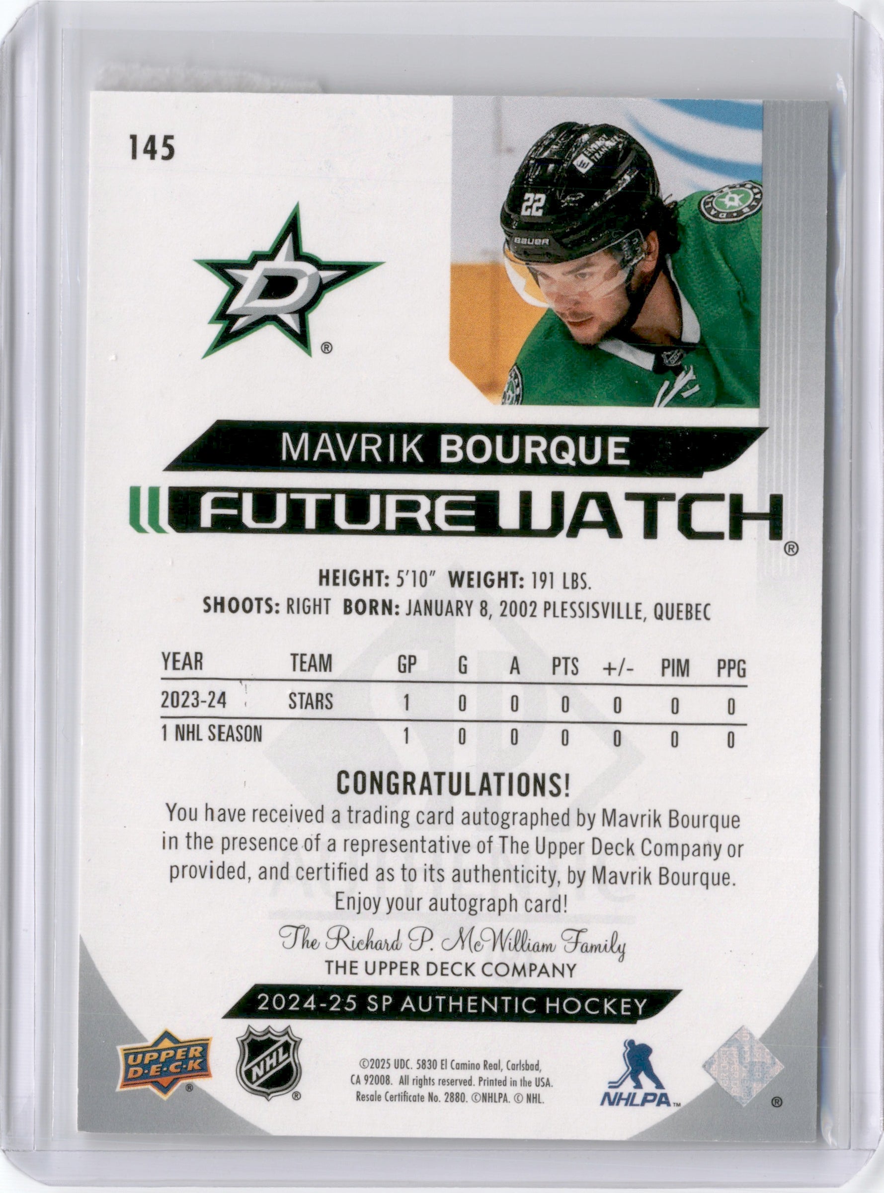 2024 UPPER DECK SP AUTHENTIC MAVRIK BOURQUE FUTURE WATCH AUTO HORIZONTAL /599 RC