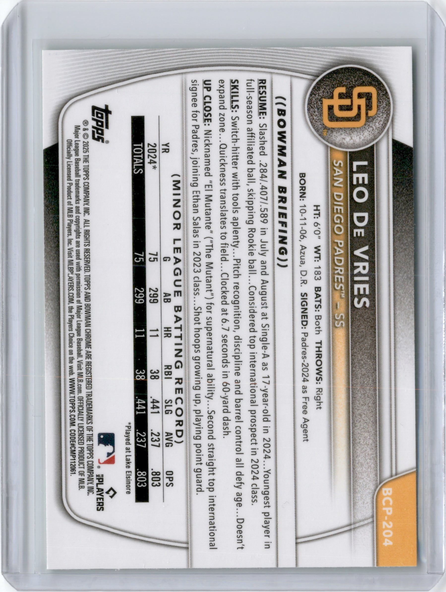 2025 BOWMAN CHROME LEO DE VRIES PROSPECT GREEN SHIMMER REFRACTOR /99