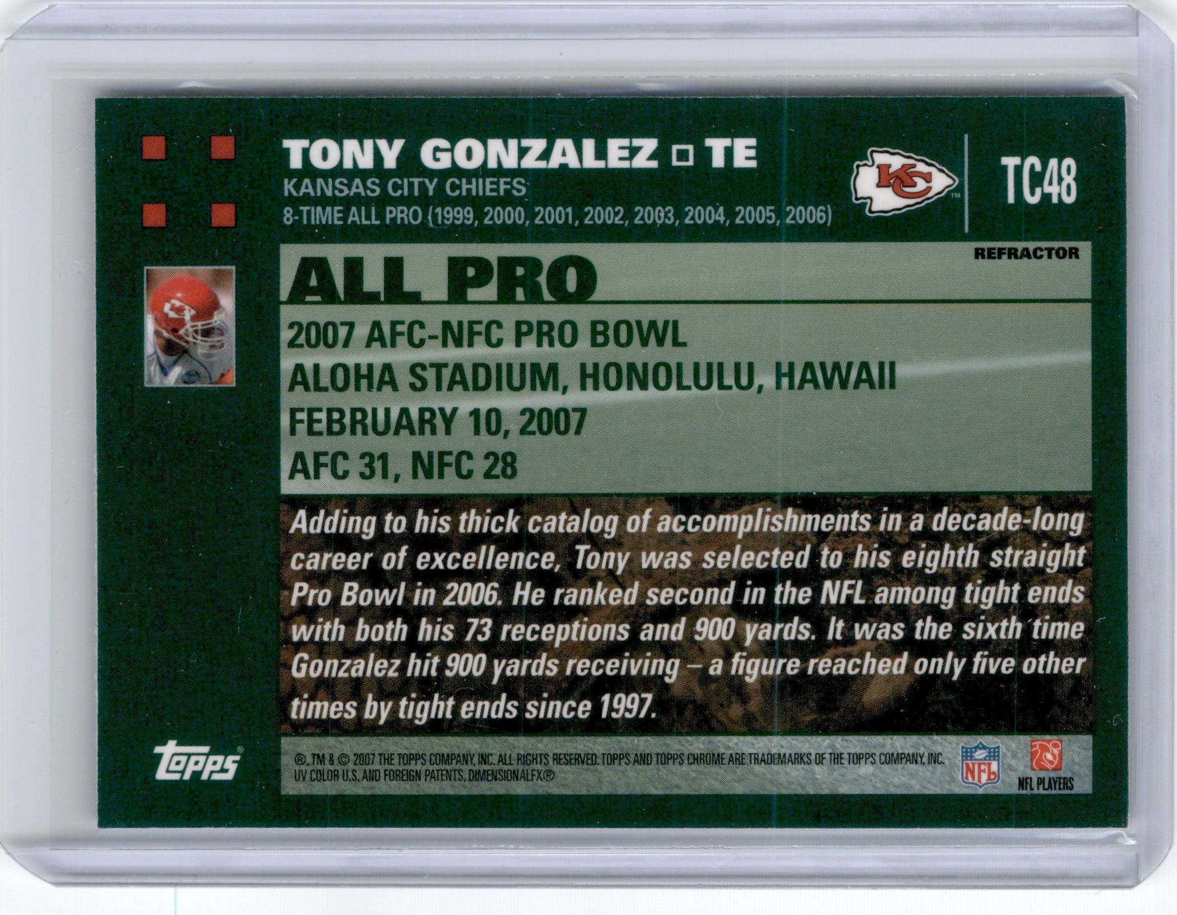 2007 Topps Chrome Tony Gonzalez Blue Refractor Pro Bowl