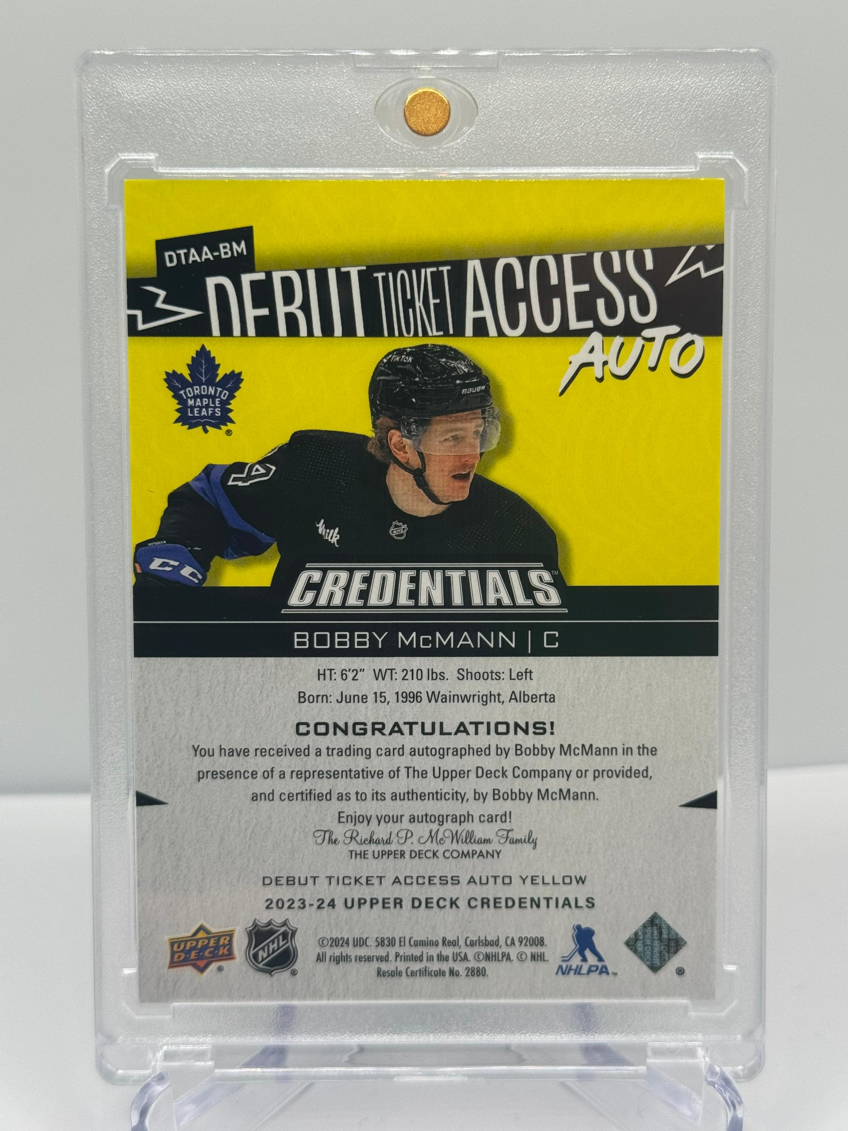 2023 UPPER DECK CREDENTIALS BOBBY MCMANN DEBUT TICKET ACCESS AUTO /125 RC