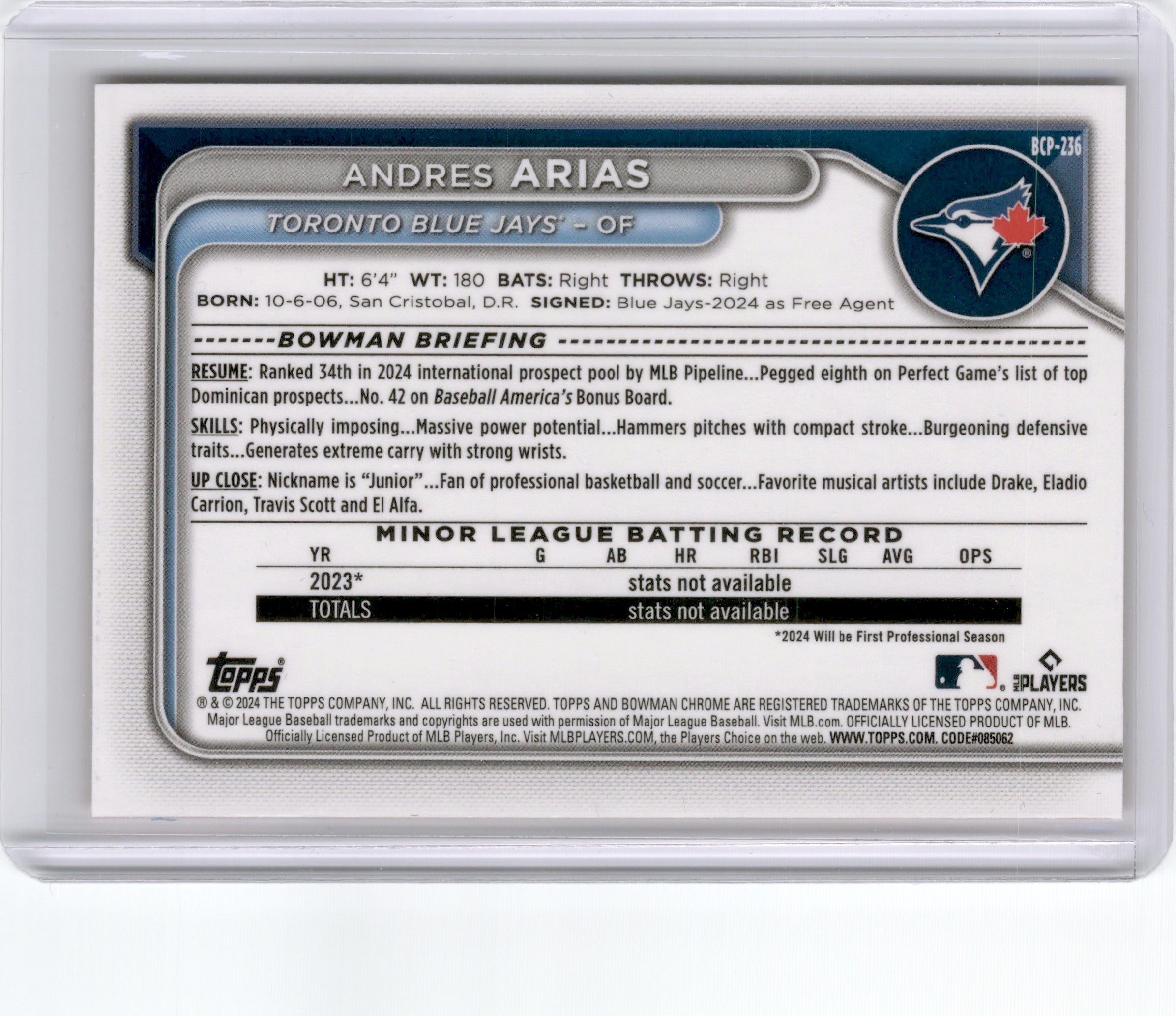 2024 BOWMAN CHROME ANDRES ARIAS 1ST BOWMAN ORANGE REFRACTOR /25