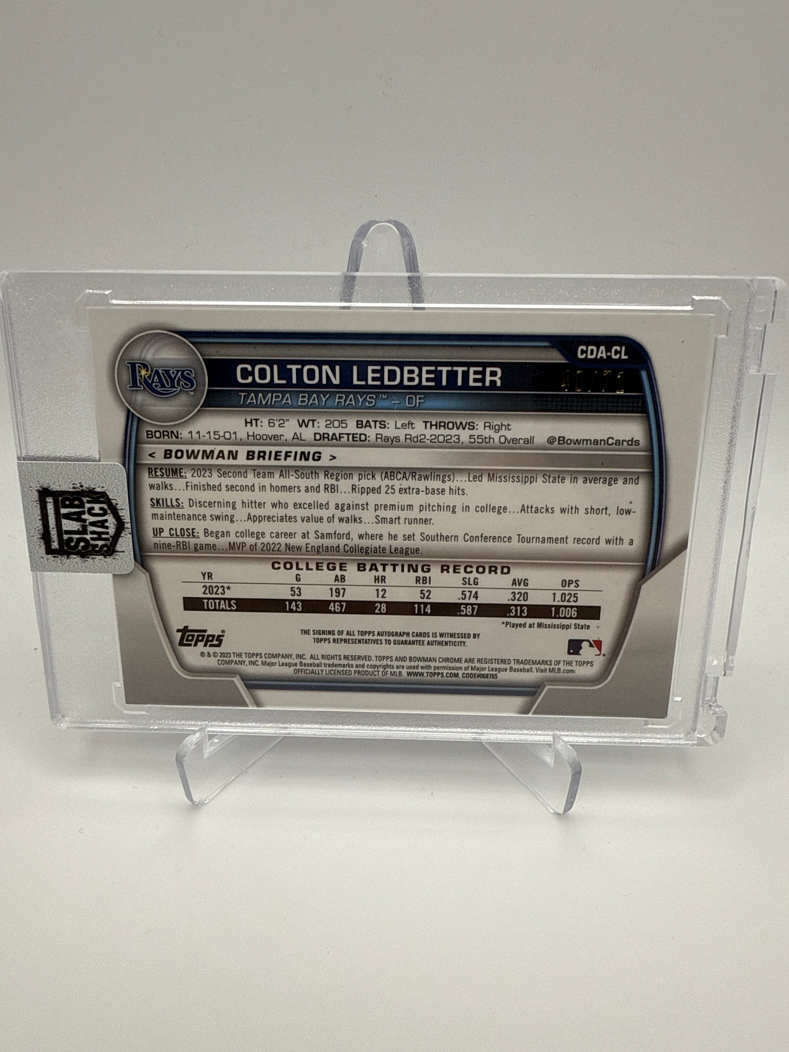 2023 BOWMAN DRAFT COLTON LEDBETTER 1ST CHROME PROSPECT AUTO SPARKLE REF. /71 RC