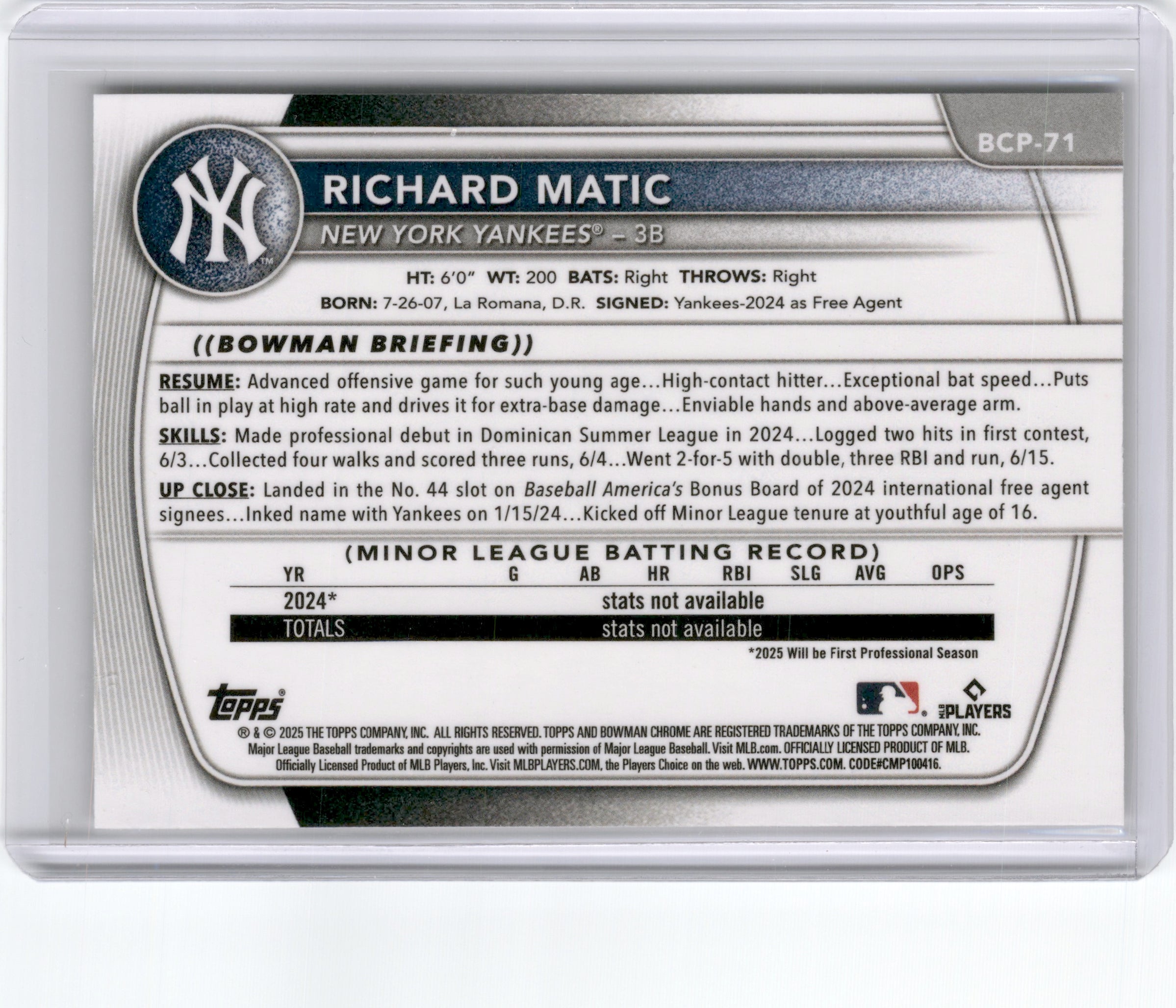 2025 BOWMAN CHROME RICHARD MATIC 1ST BOWMAN LAVA REFRACTOR /399