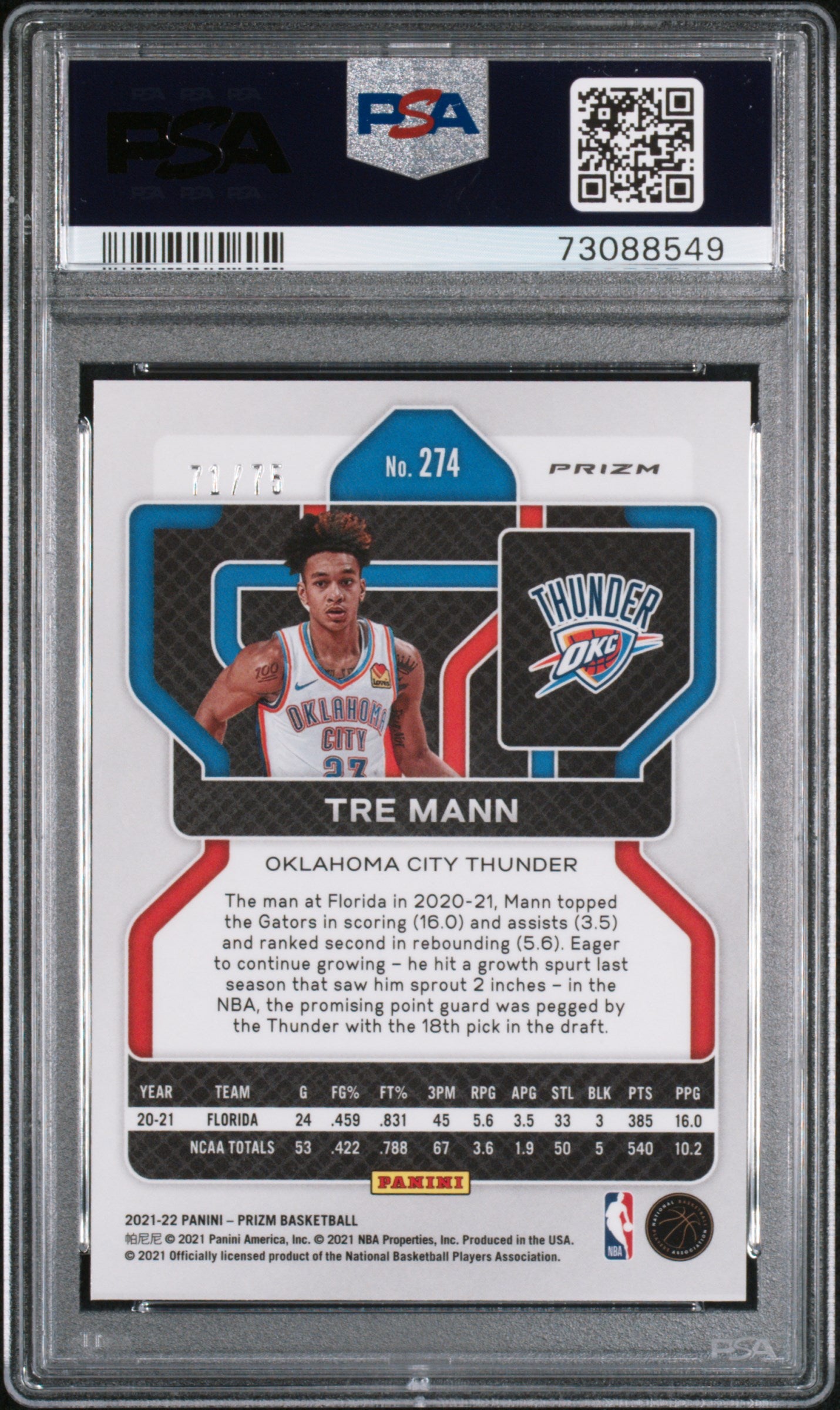 2021 Panini Prizm Tre Mann #274 NBA 75th Diamond PSA 9