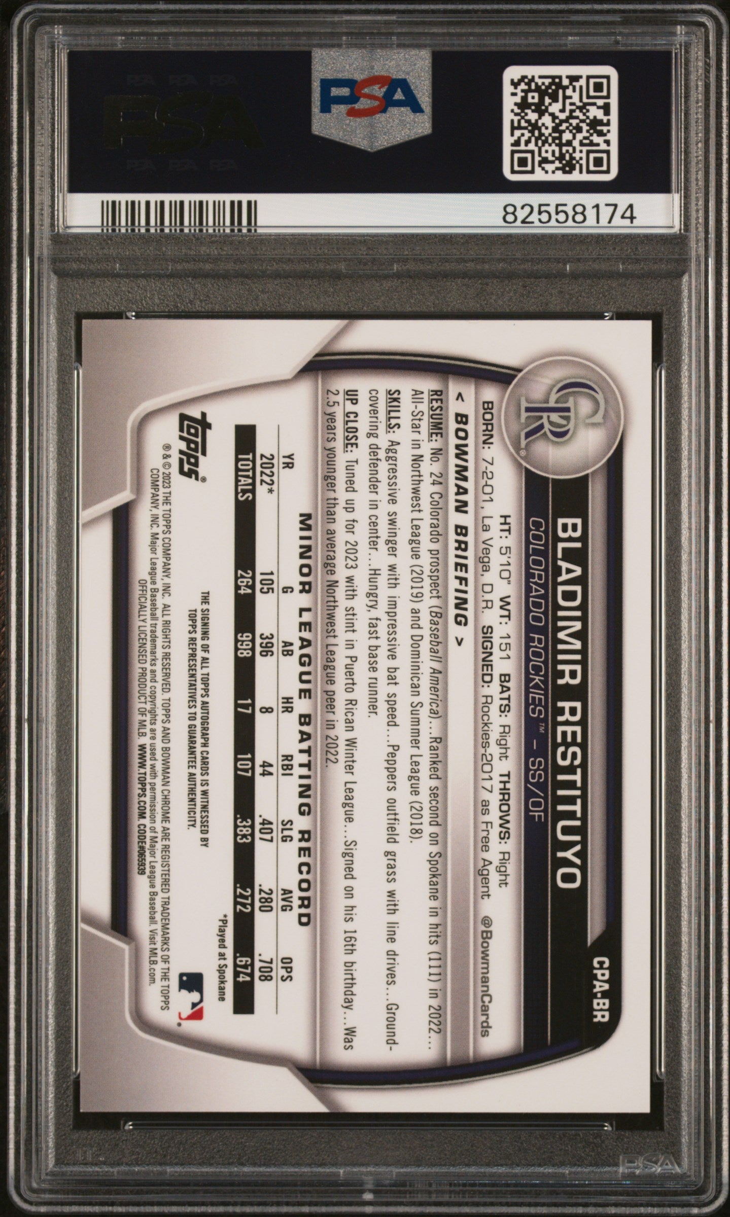 2023 Bowman Chrome Bladimir Restituyo 1st Prospect Auto Purple /250 PSA 10 RC