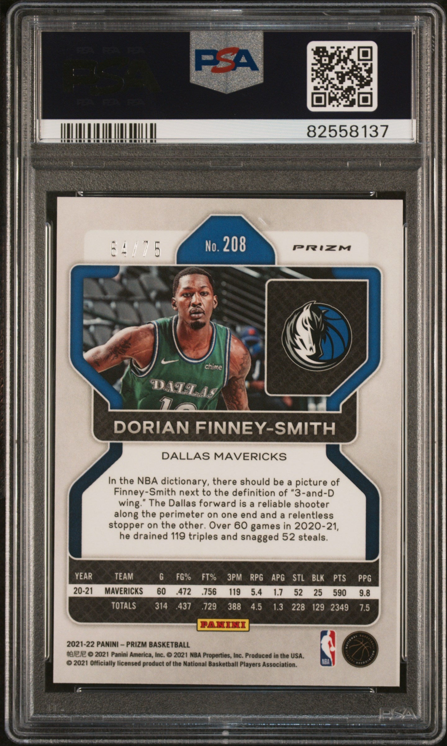 2021 Panini Prizm Dorian Finney-Smith #208 NBA 75th Diamond PSA 10