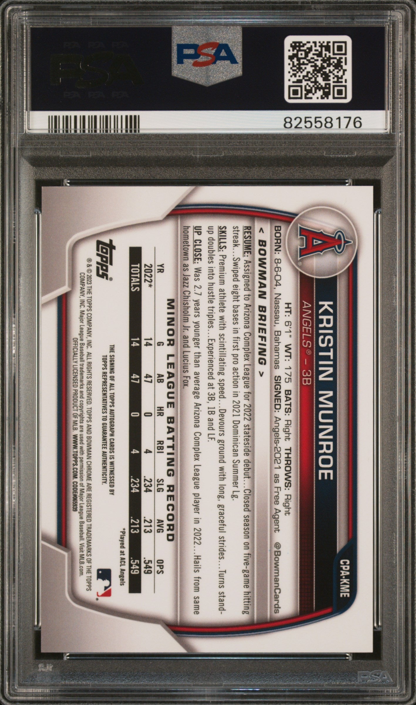 2023 Bowman Chrome Kristin Munroe 1st Prospect Auto Blue Raywave /150 PSA 8