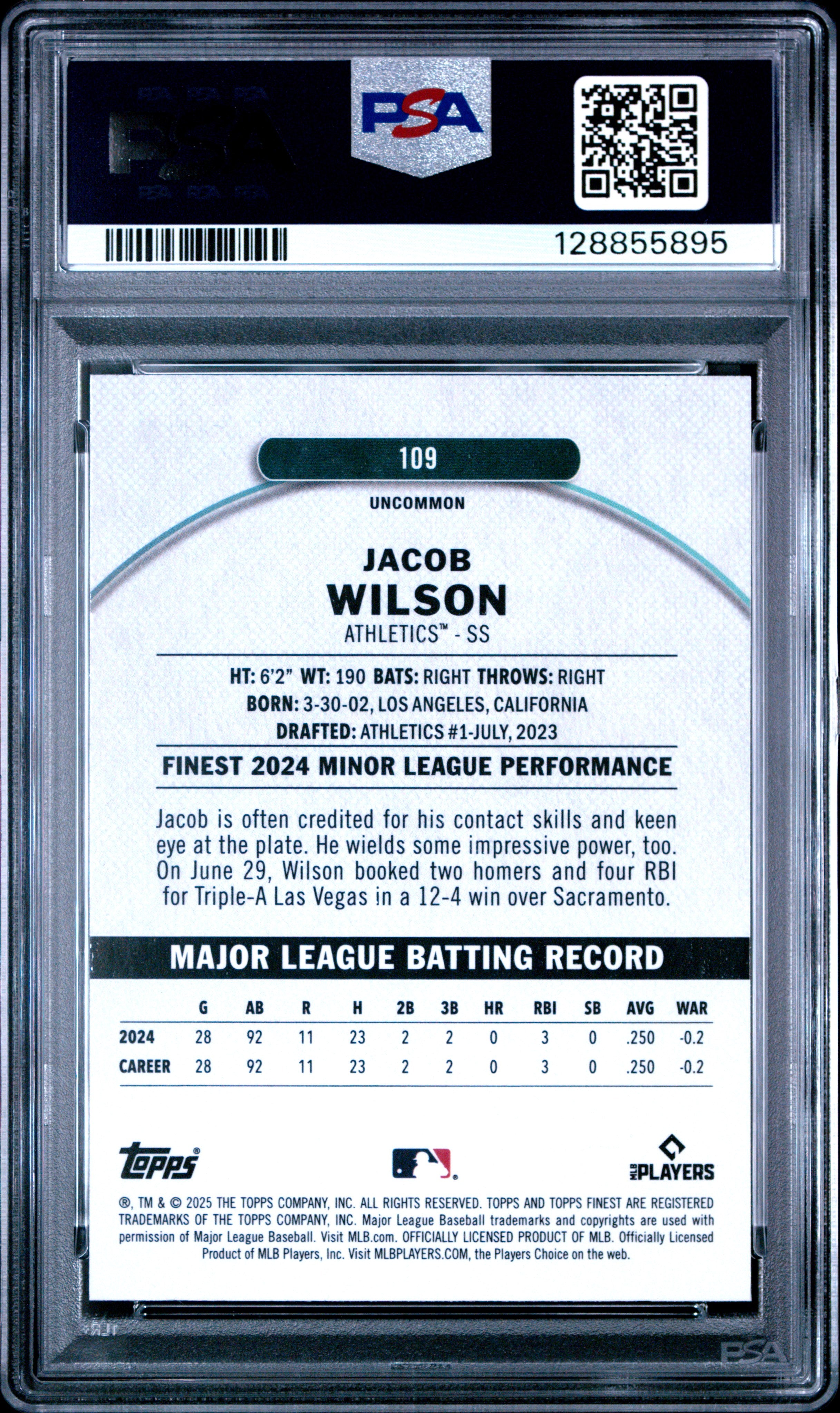 2025 Topps Finest Jacob Wilson #109 Checkerboard Refractor PSA 10