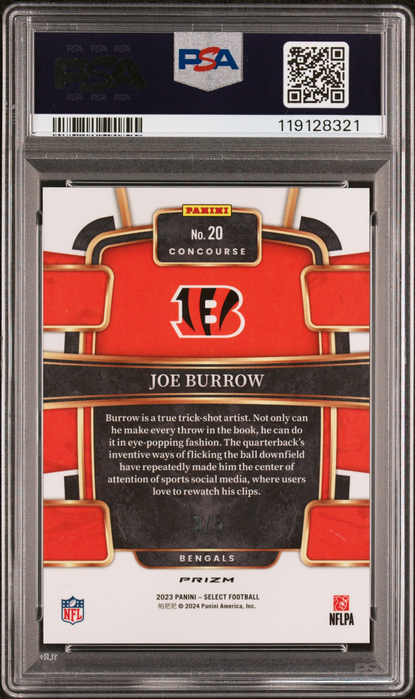2023 Panini Select Joe Burrow #20 Concourse Green Prizm /5 PSA 10