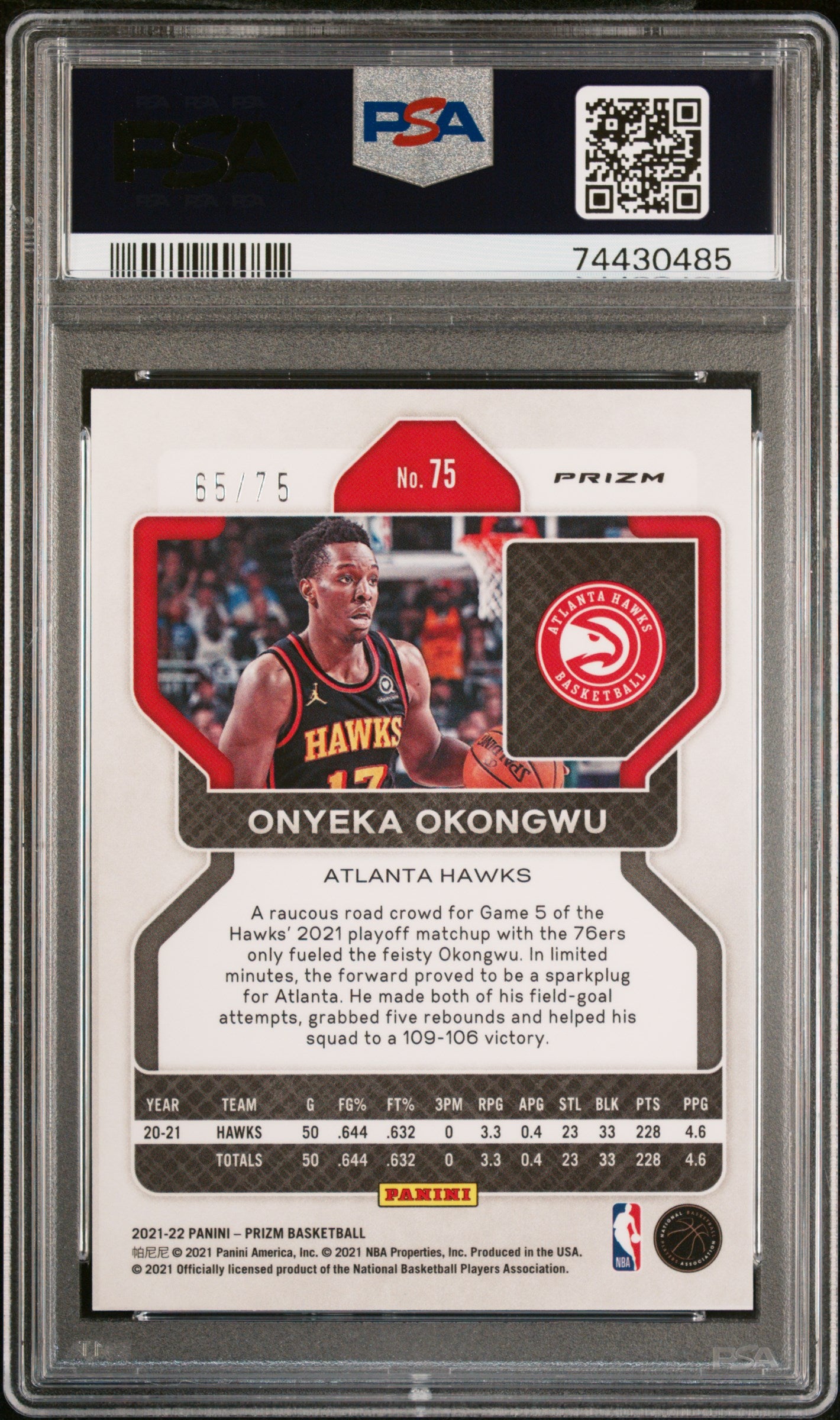 2021 Panini Prizm Onyeka Okongwu #75 NBA 75th Diamond PSA 8