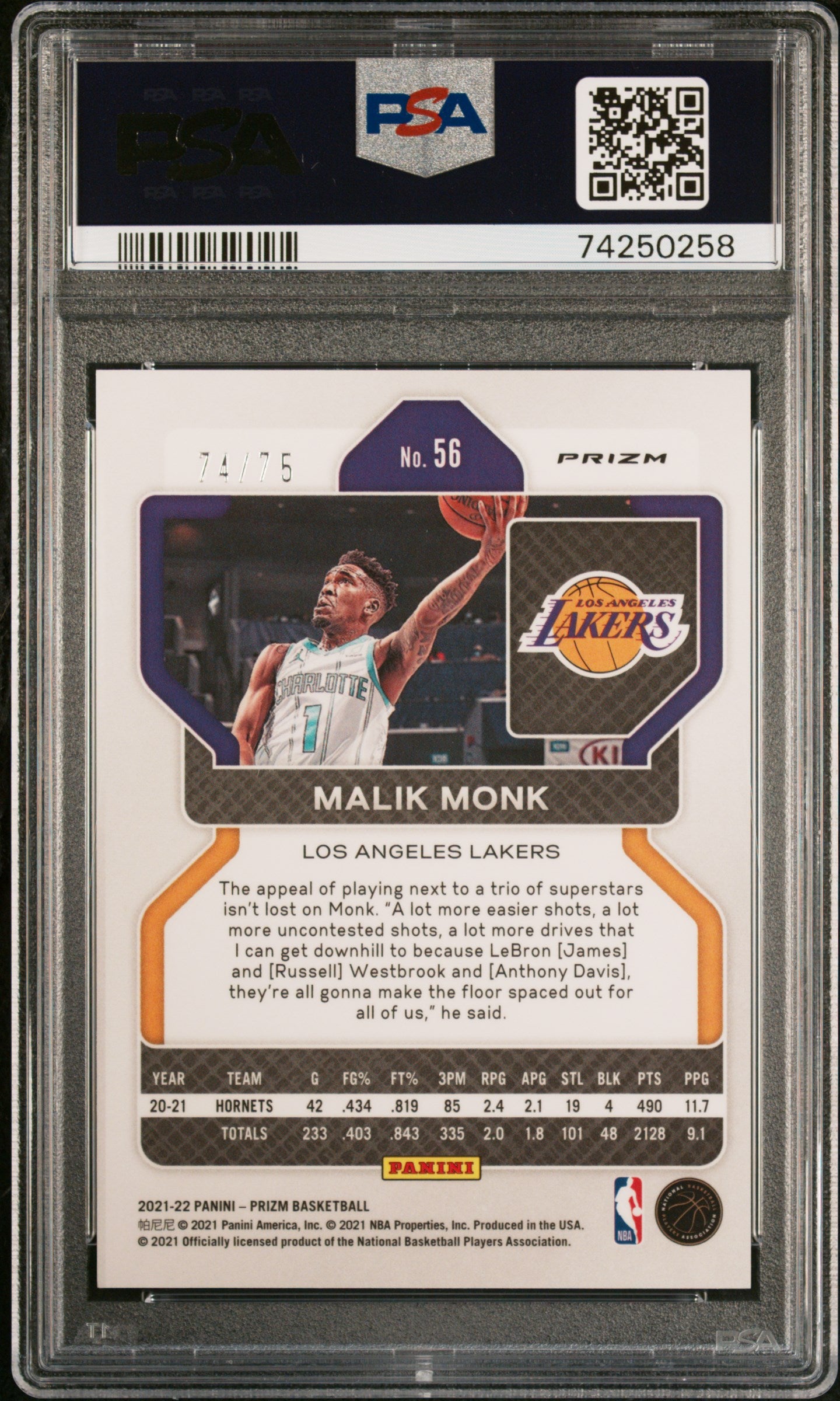 2021 Panini Prizm Malik Monk #56 NBA 75th Diamond PSA 8