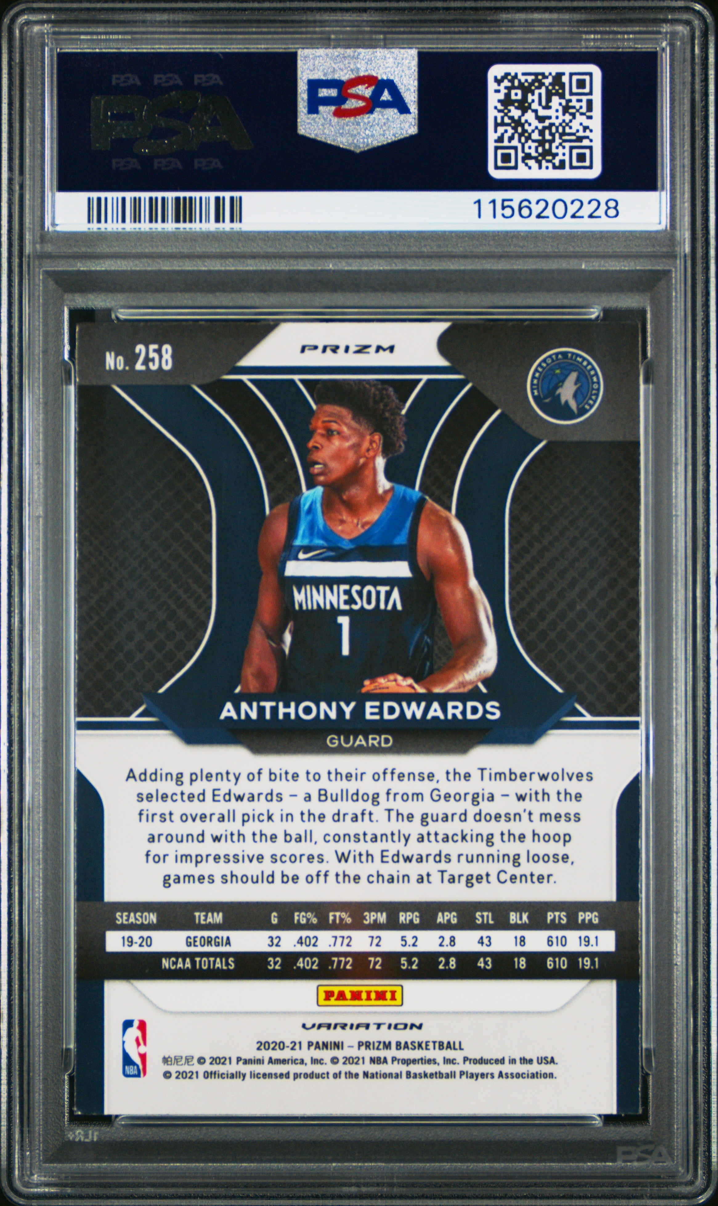 2020 Panini Prizm Anthony Edwards #258 Variation Fast Break RC PSA 8