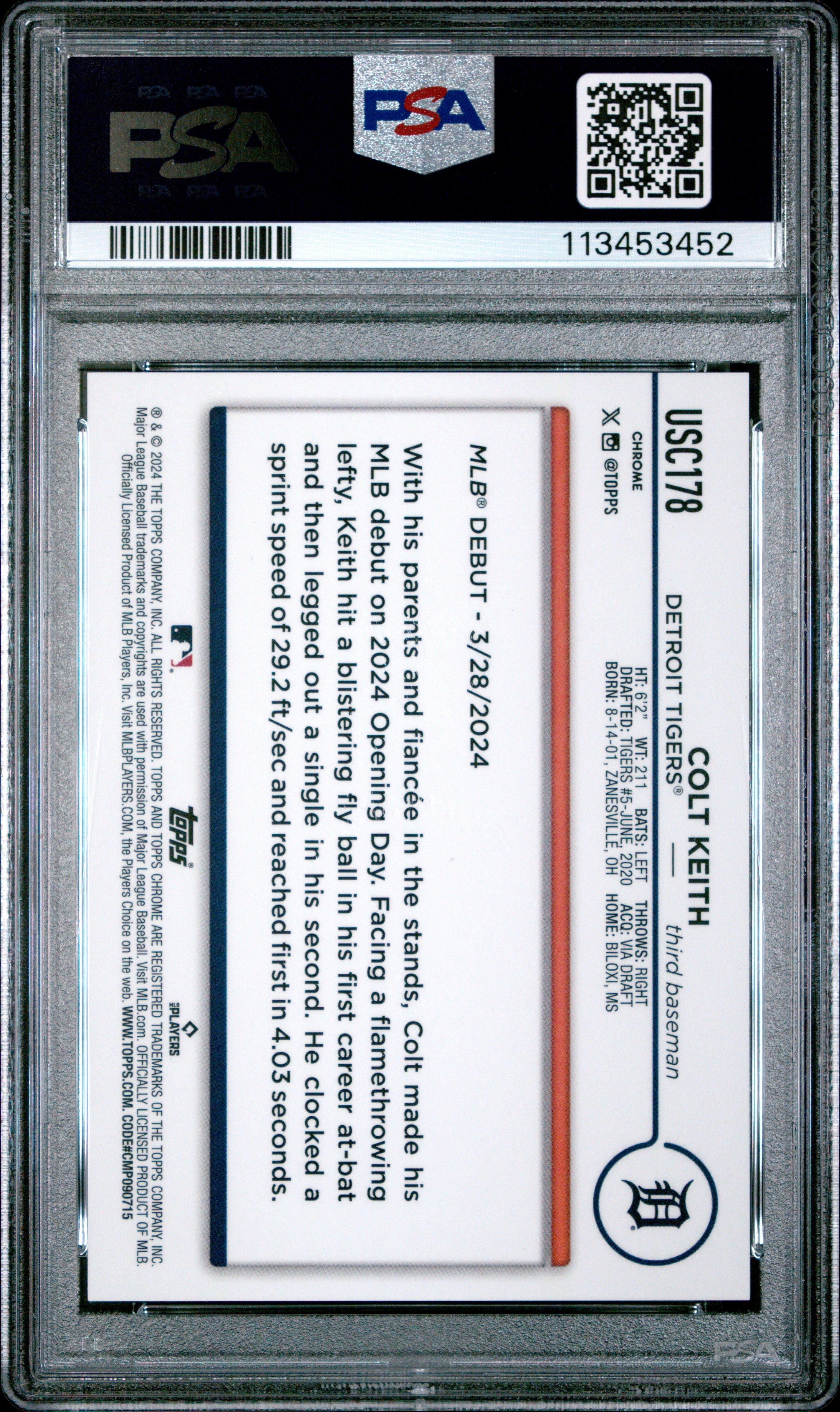 2024 Topps Chrome Update Colt Keith #USC178 Orange Raywave /25 RC PSA 9