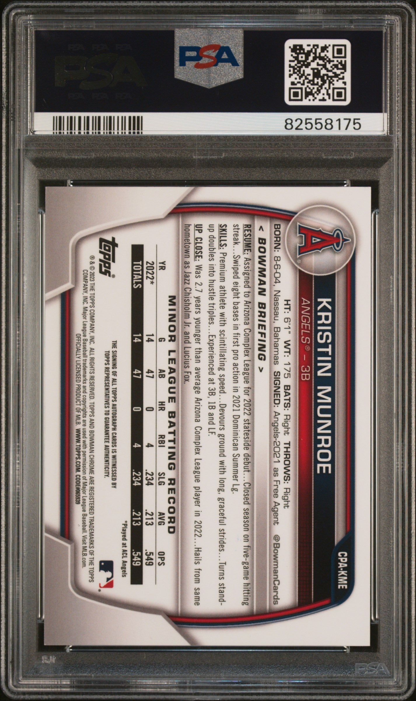 2023 Bowman Chrome Kristin Munroe 1st Prospect Auto Blue Raywave /150 PSA 9