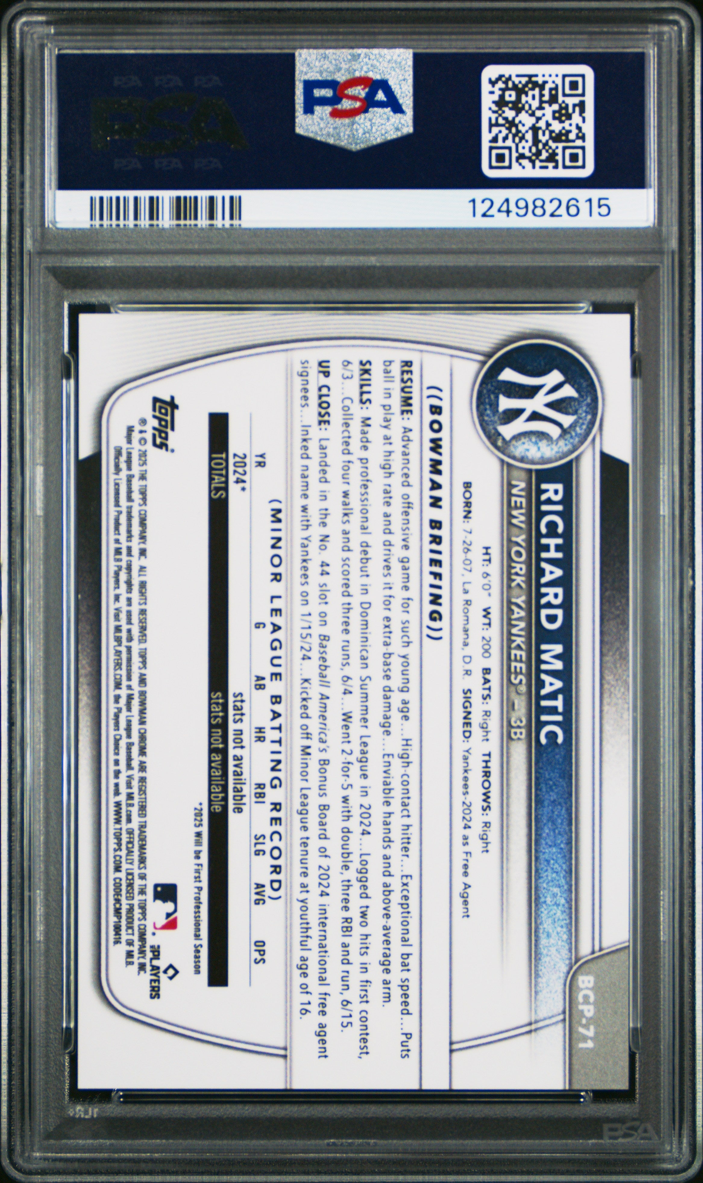 2025 Bowman 1st Chrome Prospect Richard Matic Gold Geometric Refractor PSA 10 RC