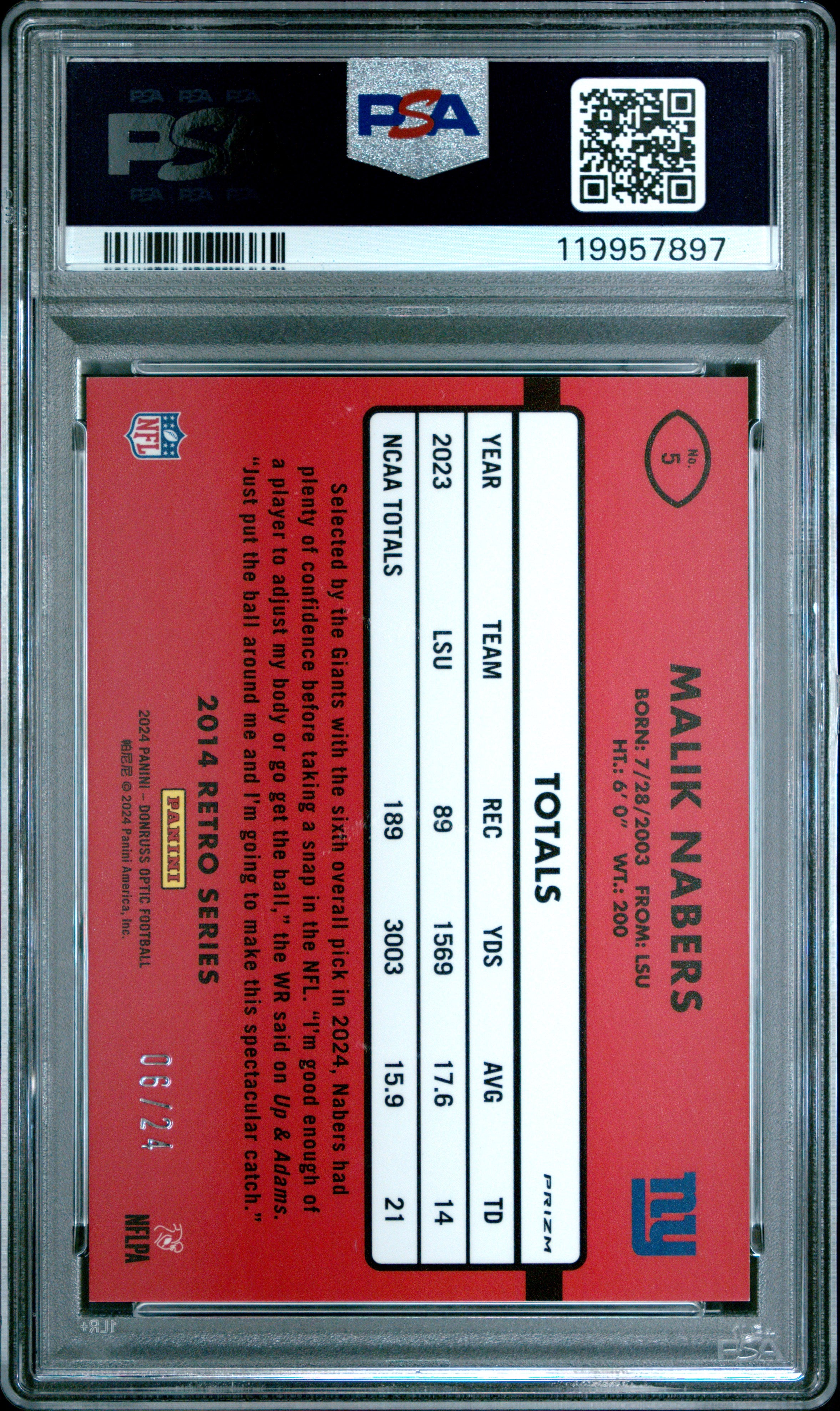 2024 DONRUSS OPTIC MALIK NABERS 2014 RETRO SERIES DRAGON RC /24