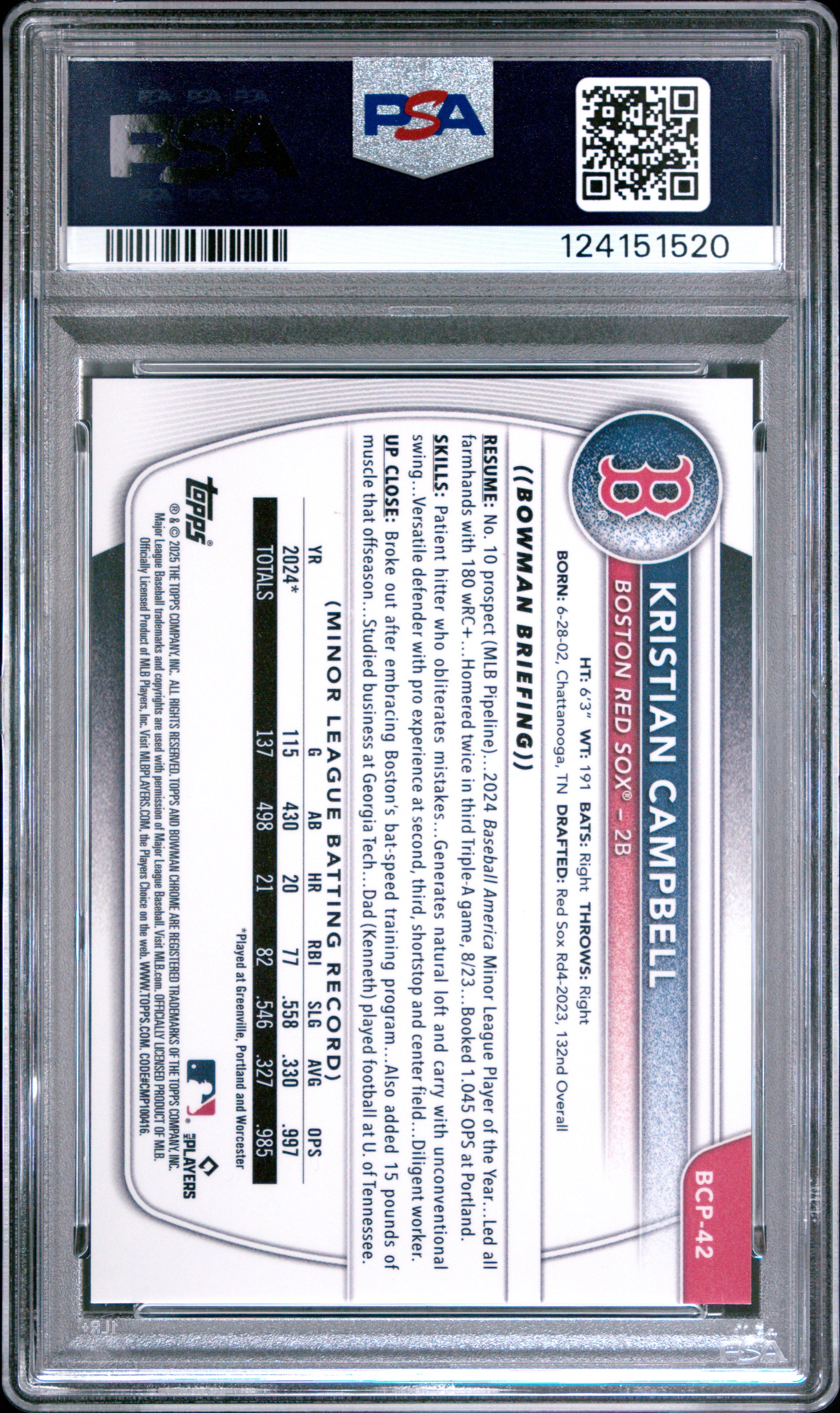 2025 Bowman Chrome Prospects Kristian Campbell #BCP42 Orange Shimmer 03/25 PSA 9