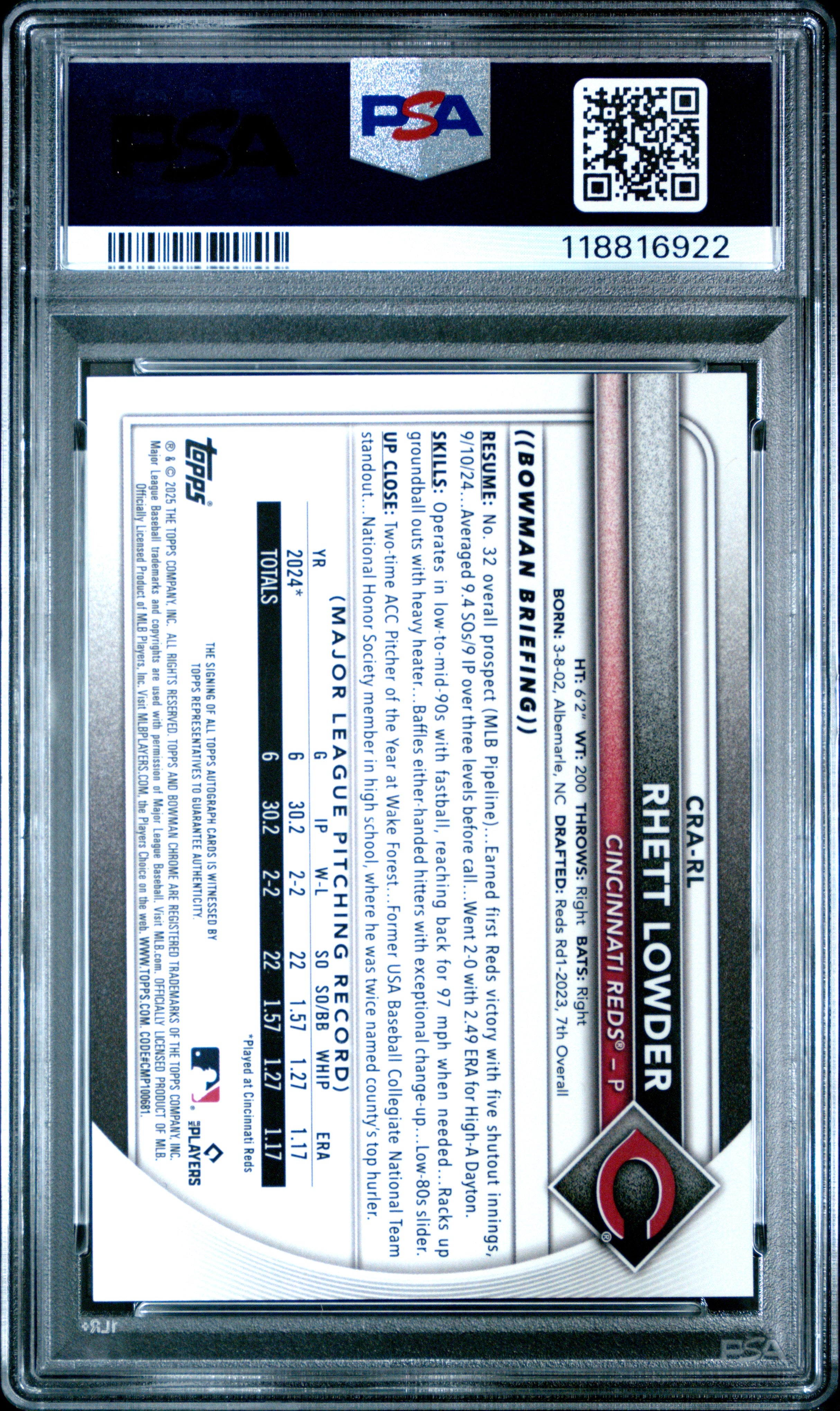 2025 Bowman Rhett Lowder Chrome Rookie RC Auto Mini Diamond Refractor /100 PSA 9