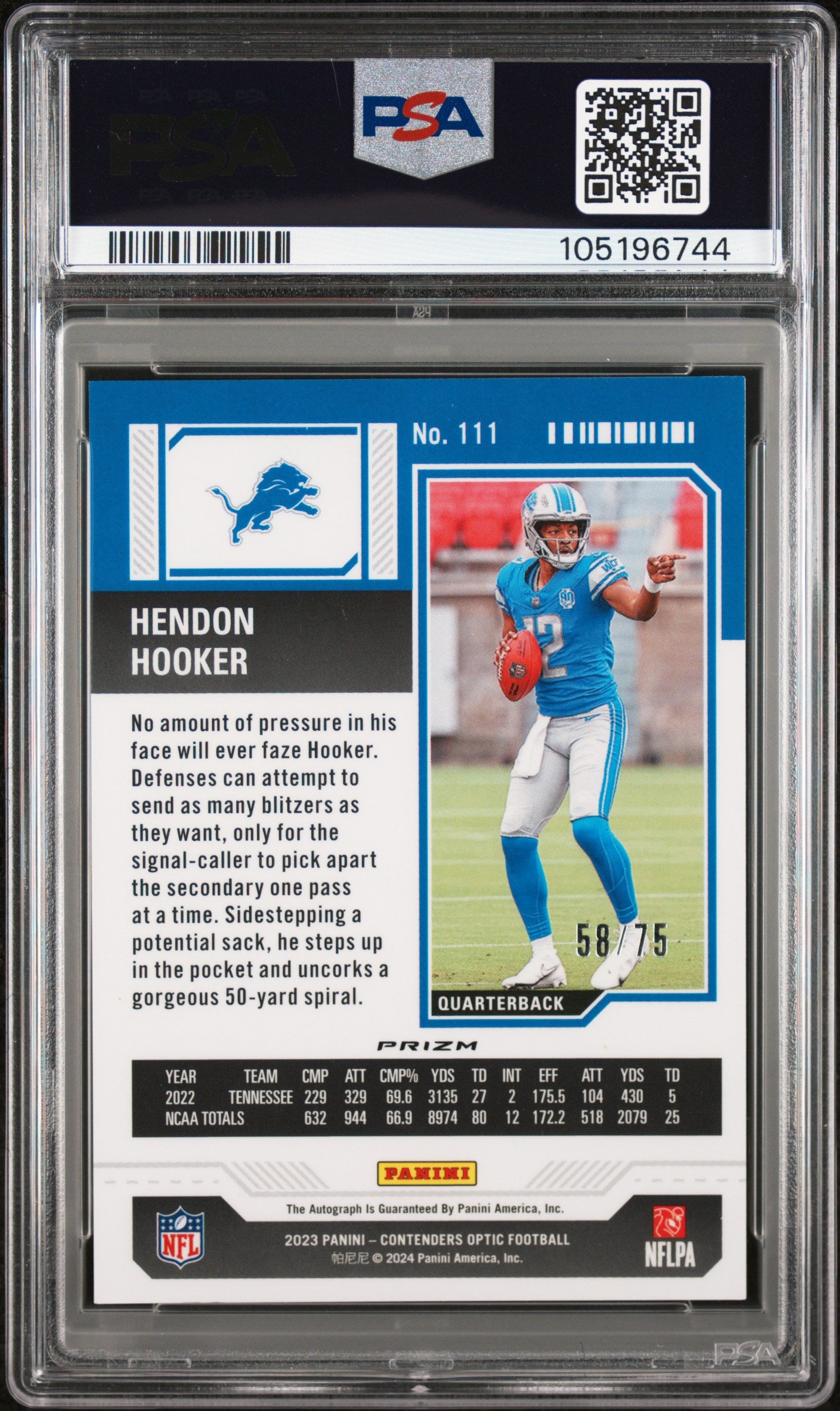 2023 Panini Contenders Optic Hendon Hooker #111 Autograph Blue /75 PSA 8 RC
