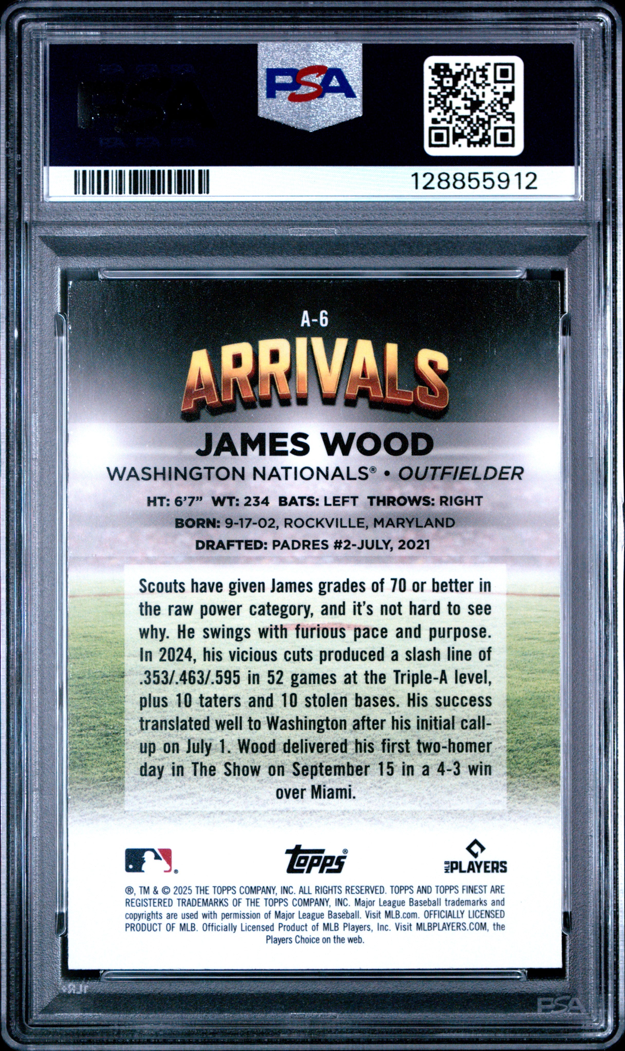 2025 Topps Finest Arrivals James Wood Sky Blue Refractor /150 RC PSA 9
