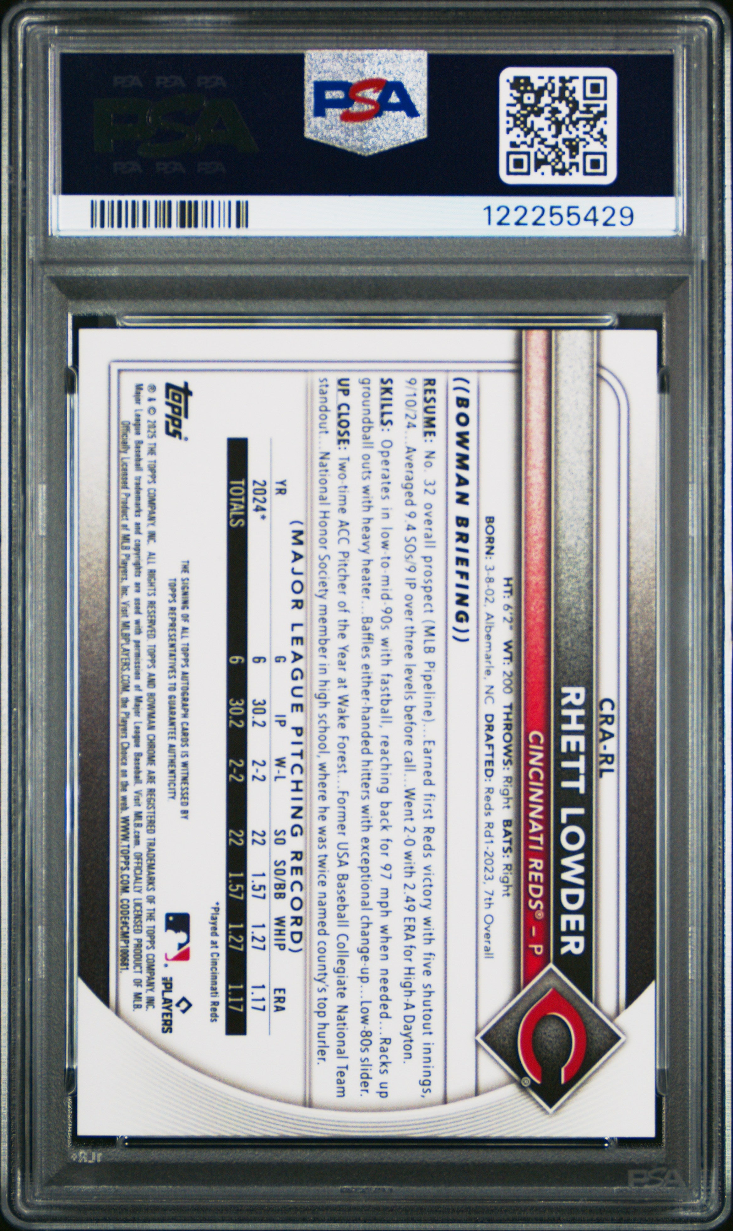 2025 Bowman Rhett Lowder Chrome Rookie RC Auto Mini Diamond Refractor /100 PSA 9