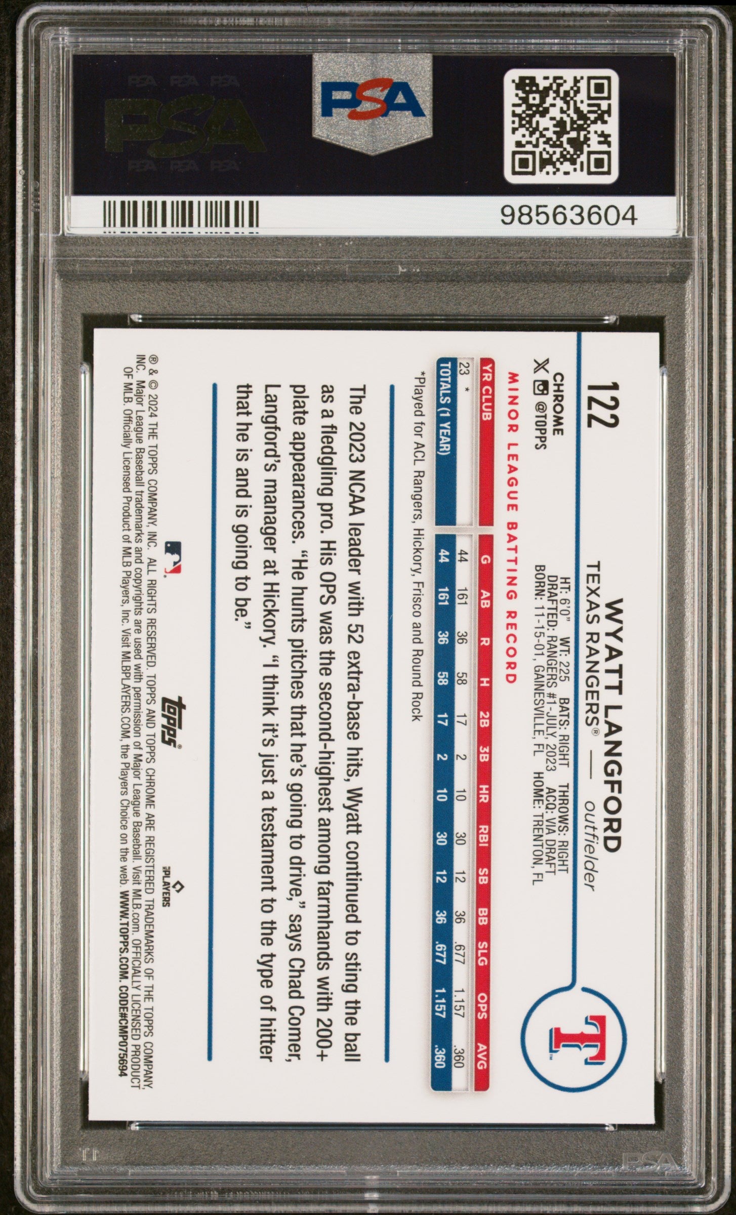 2024 Topps Chrome Wyatt Langford #122 Aqua Lava Refractor 134/199 PSA 10
