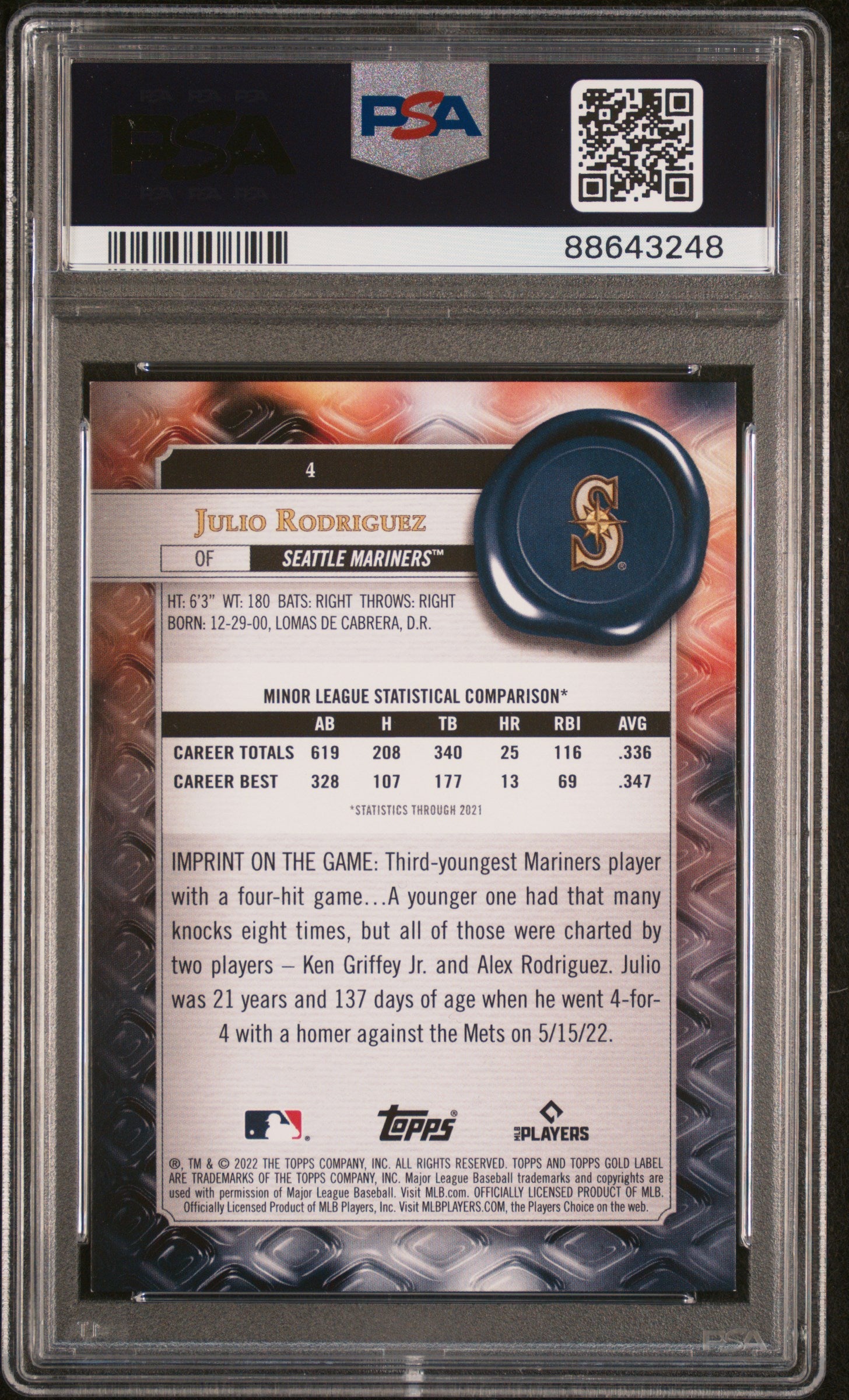 2022 Topps Gold Label Julio Rodriguez #4 Class 1 Red PSA 9 RC