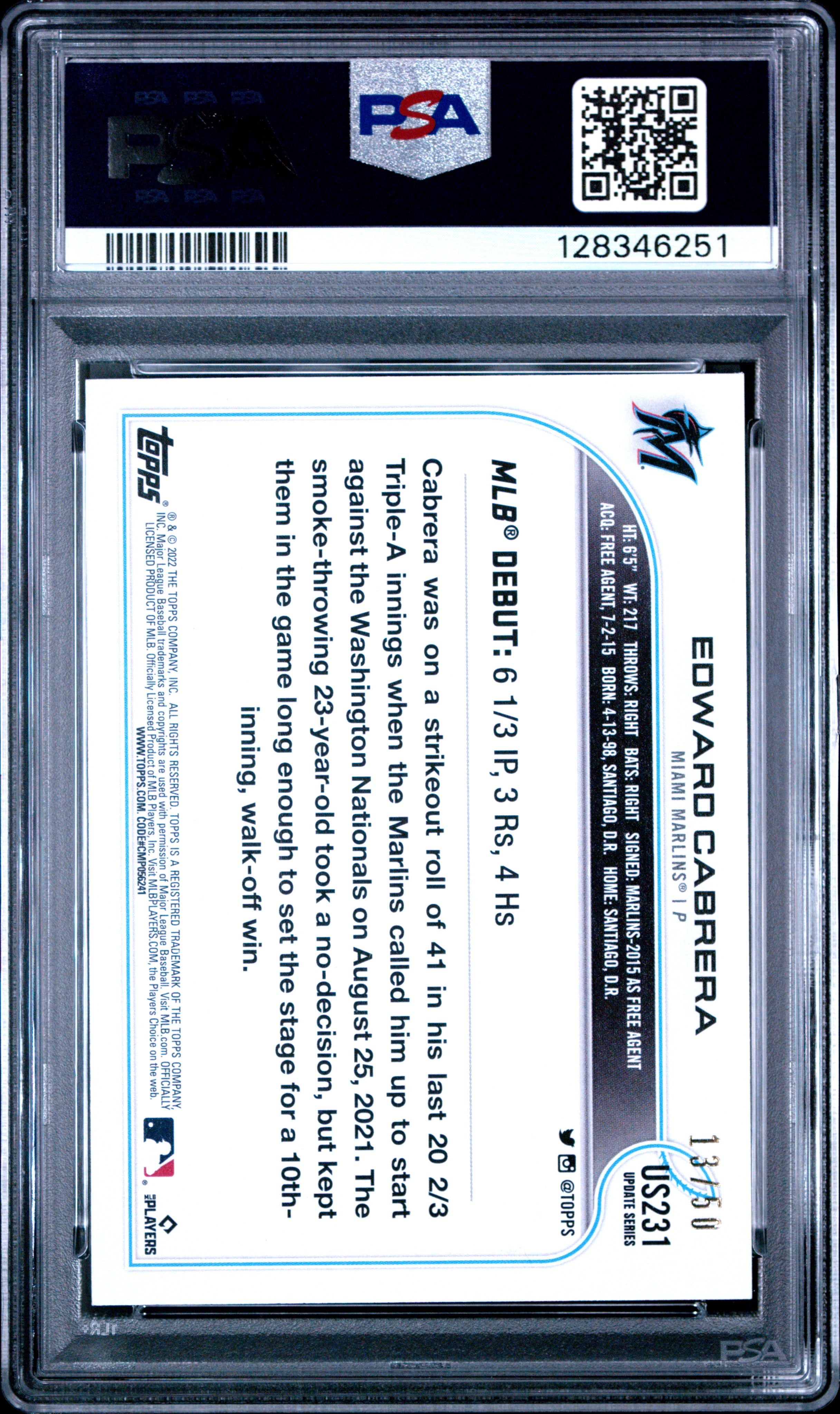 2022 Topps Update Edward Cabrera #US231 Mother's Day Hot Pink PSA 10
